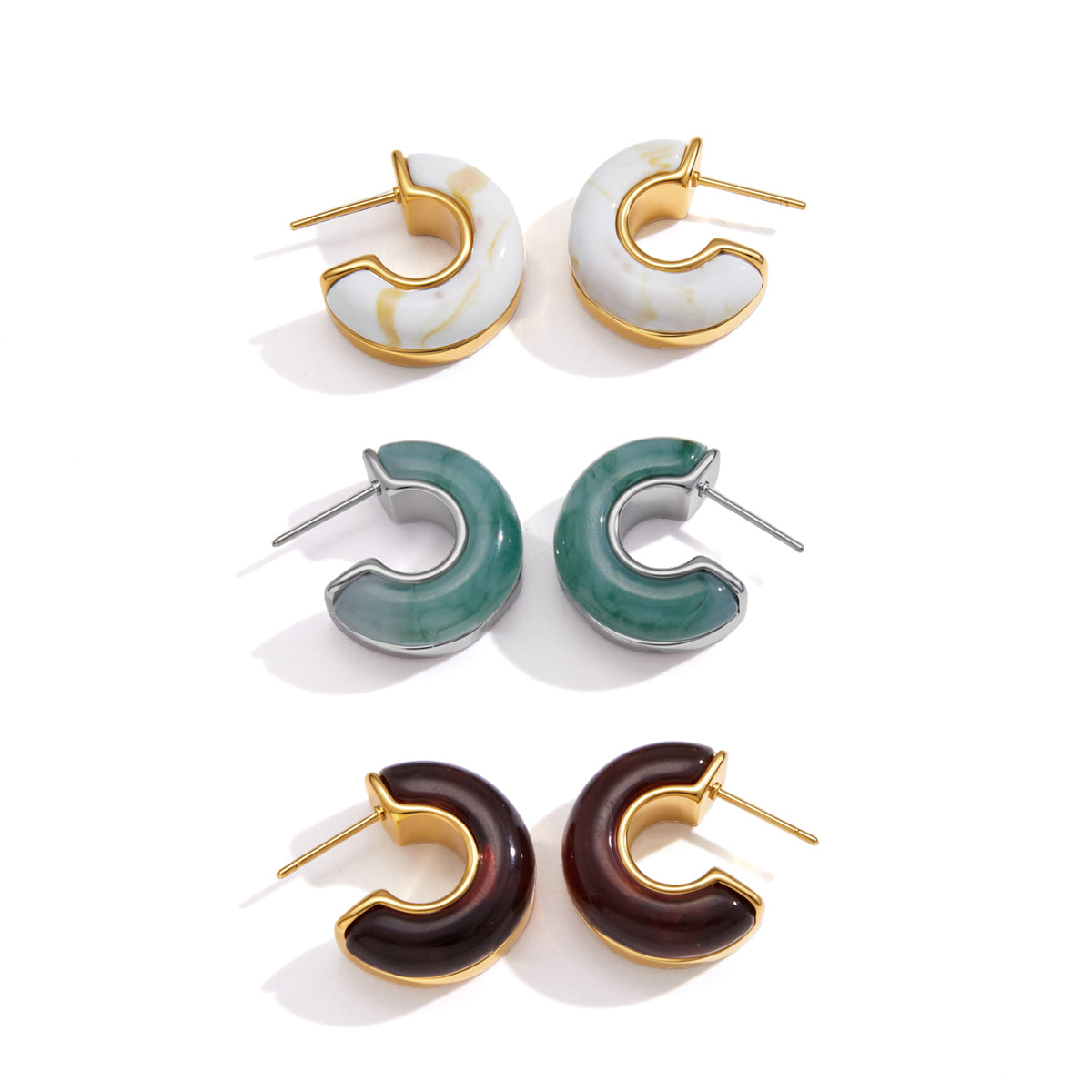 Women's Minimalist Style / Gold Stainless Steel + Resin / C-Shaped Stud Earrings