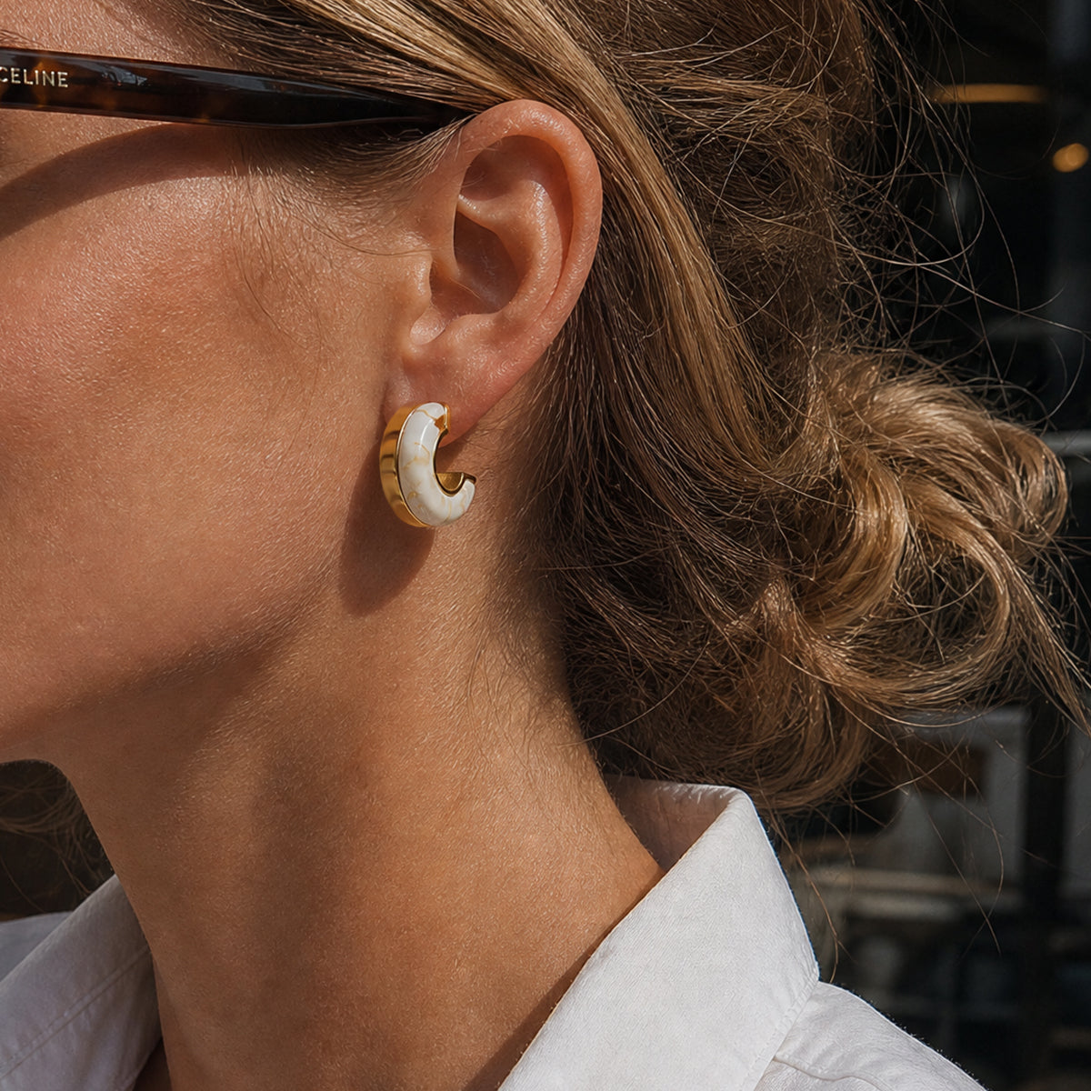 Women's Minimalist Style / Gold Stainless Steel + Resin / C-Shaped Stud Earrings