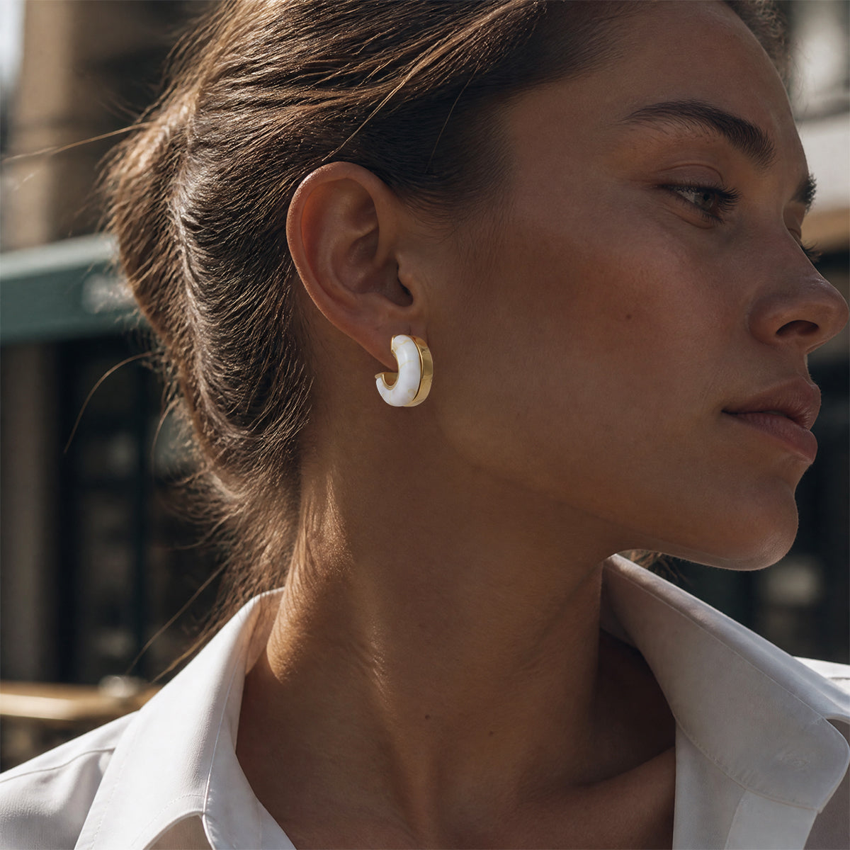 Women's Minimalist Style / Gold Stainless Steel + Resin / C-Shaped Stud Earrings