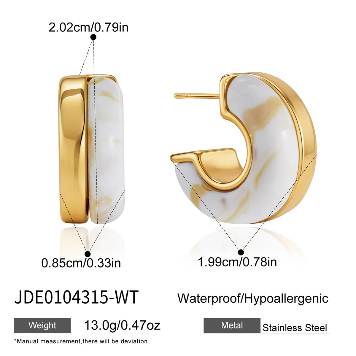 Women's Minimalist Style / Gold Stainless Steel + Resin / C-Shaped Stud Earrings