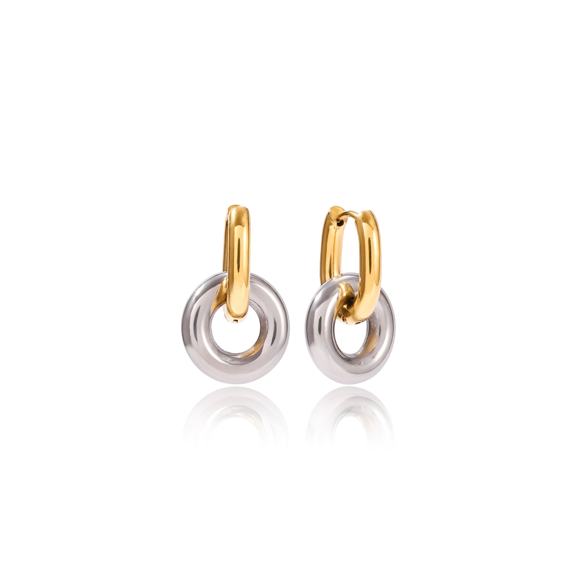 Jewelry Drop Earring 18K PVD Plated Stainless Steel Two Tone Smooth Double Circle Pendant Earrings