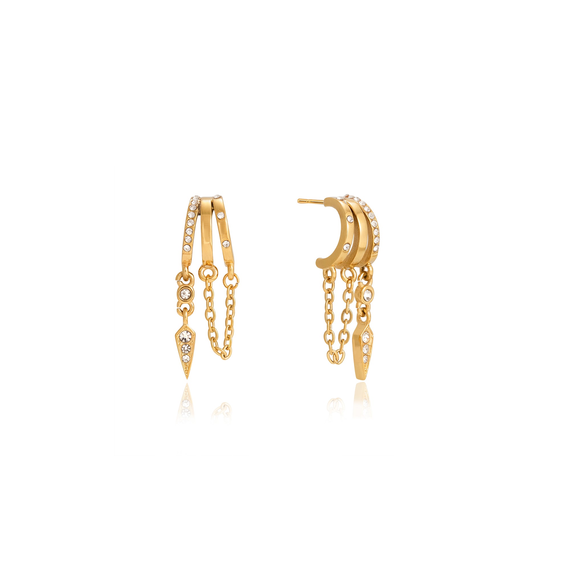 Delicate Tassel Earring 18K Gold Stainless Steel Crystal Three Layer Hollow CC Chain Tassel Cone Shaped Earrings