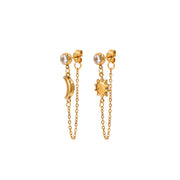 Unique 18K Gold Stainless Steel Star & Moon Earrings with White Zircon for Women AB Style Pair