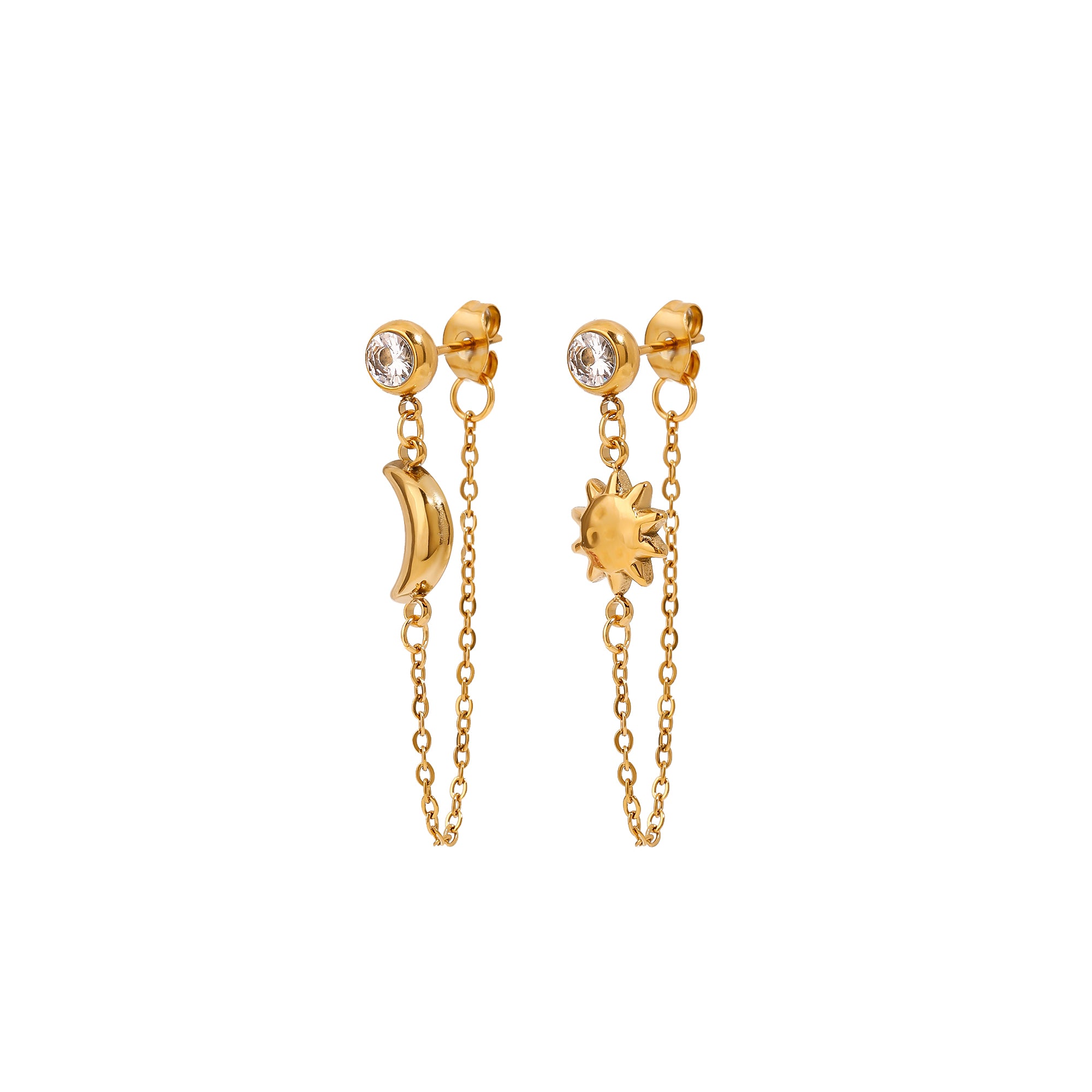 Unique 18K Gold Stainless Steel Star & Moon Earrings with White Zircon for Women AB Style Pair