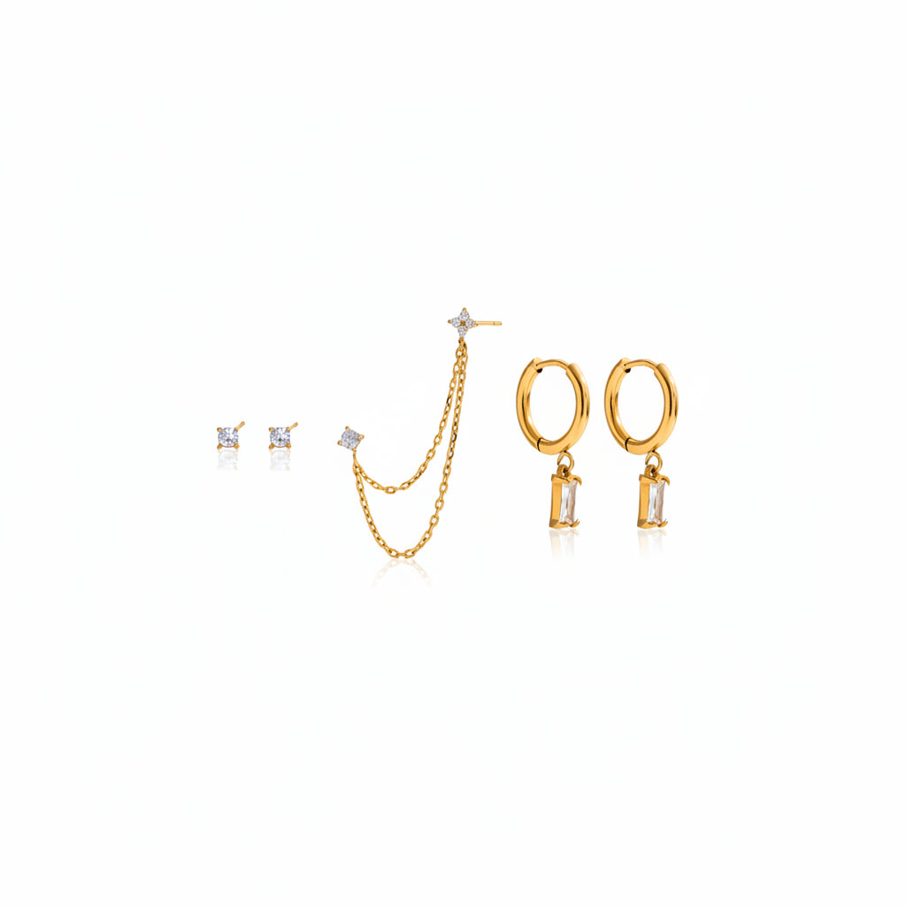 Classic Lucky Leaf Asymmetric Earring Stainless Steel Silver Color Four Leaf Clover Square White Green Zircon Earring Set