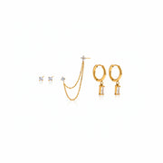 Classic Lucky Leaf Asymmetric Earring Stainless Steel Silver Color Four Leaf Clover Square White Green Zircon Earring Set