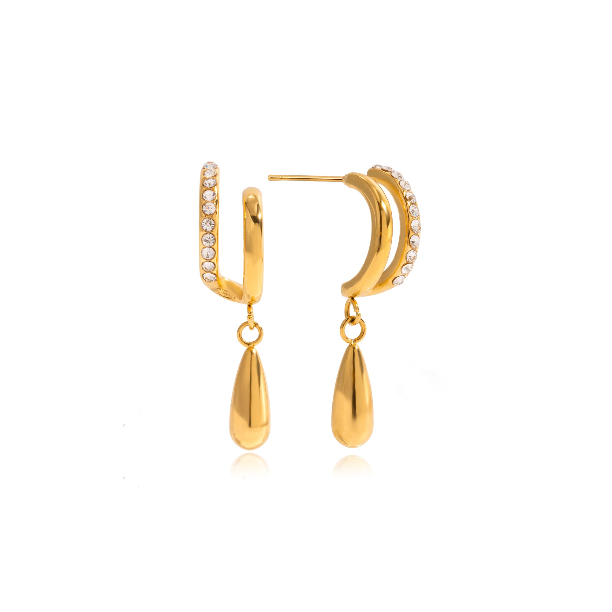 Classic Waterdrop Earring 18K Gold Stainless Steel Zirconia Double Layer C Circle Waterdrop Zircon Pendant Earrings