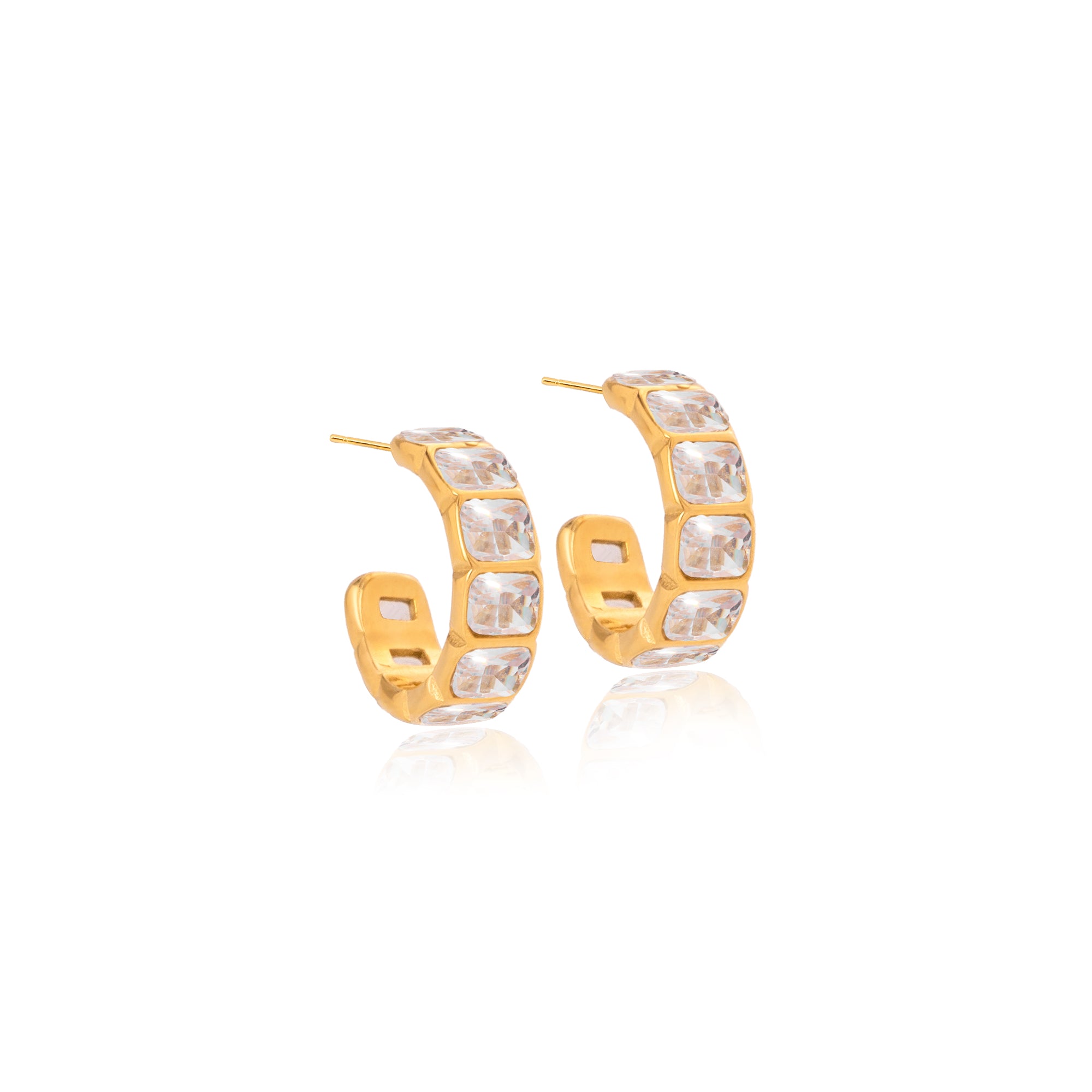 J&D Classic Cubic Zirconia Hoops 18K Gold Stainless Steel Minimalist Square Round White Zirconia C Hoop Earring