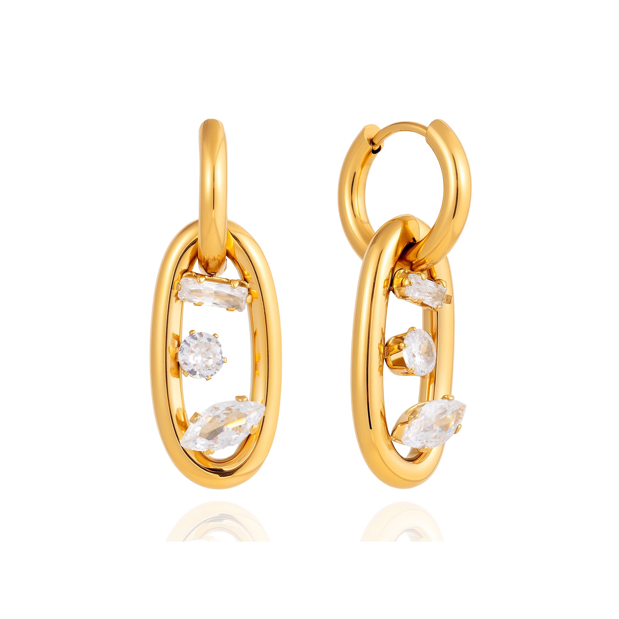 Elegant Steel Earrings White Zircon Geometric Double Hoop Interlocking Waterproof Hypoallergenic Tarnish Free Jewelry