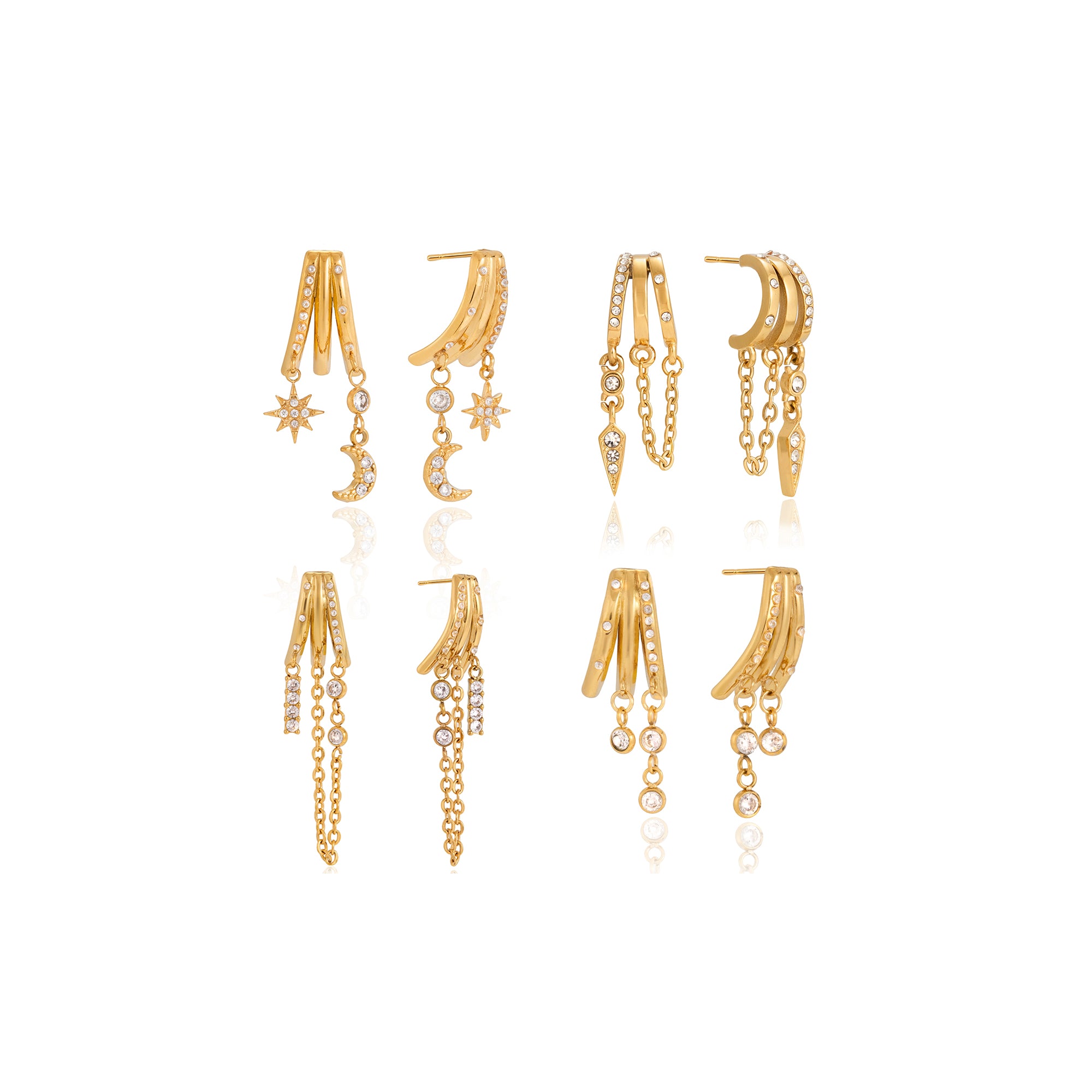 Delicate Tassel Earring 18K Gold Stainless Steel Crystal Three Layer Hollow CC Chain Tassel Cone Shaped Earrings