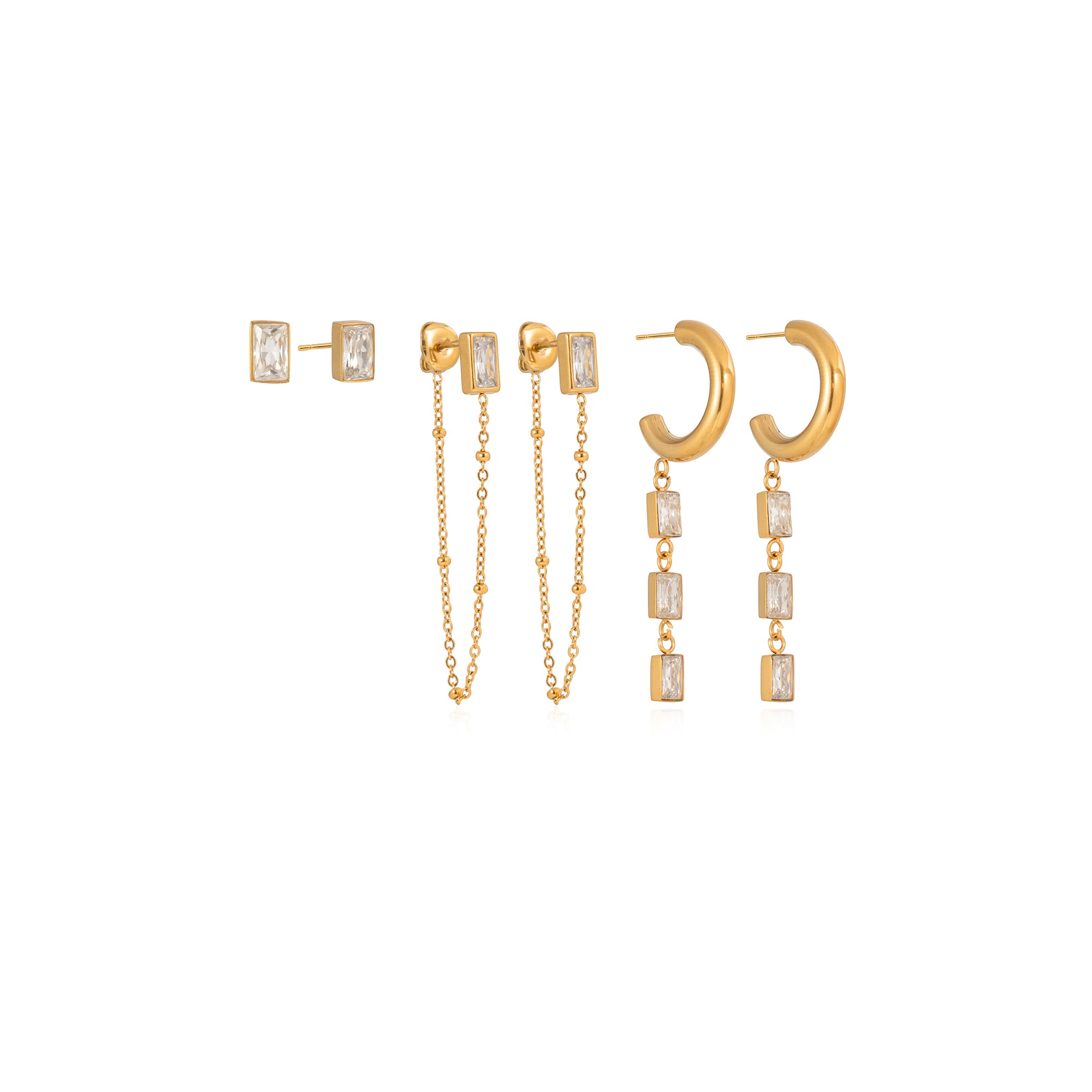 Elegant Tassel Earring 18K Gold Stainless Steel Fashion Delicate Square Water Drop Rhinestone Tassel Earring Set