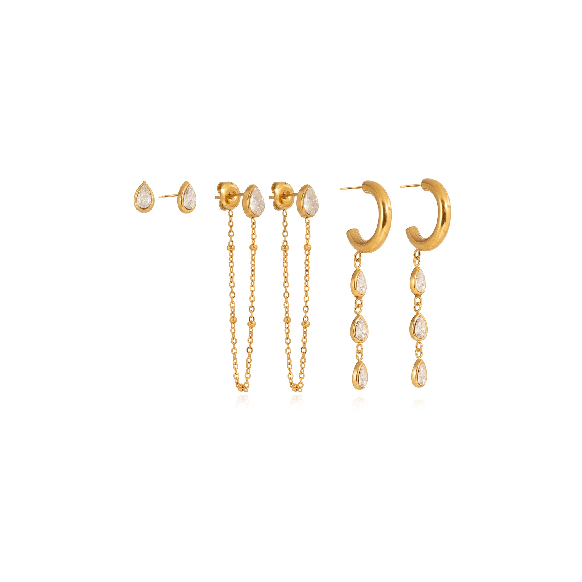 Elegant Tassel Earring 18K Gold Stainless Steel Fashion Delicate Square Water Drop Rhinestone Tassel Earring Set