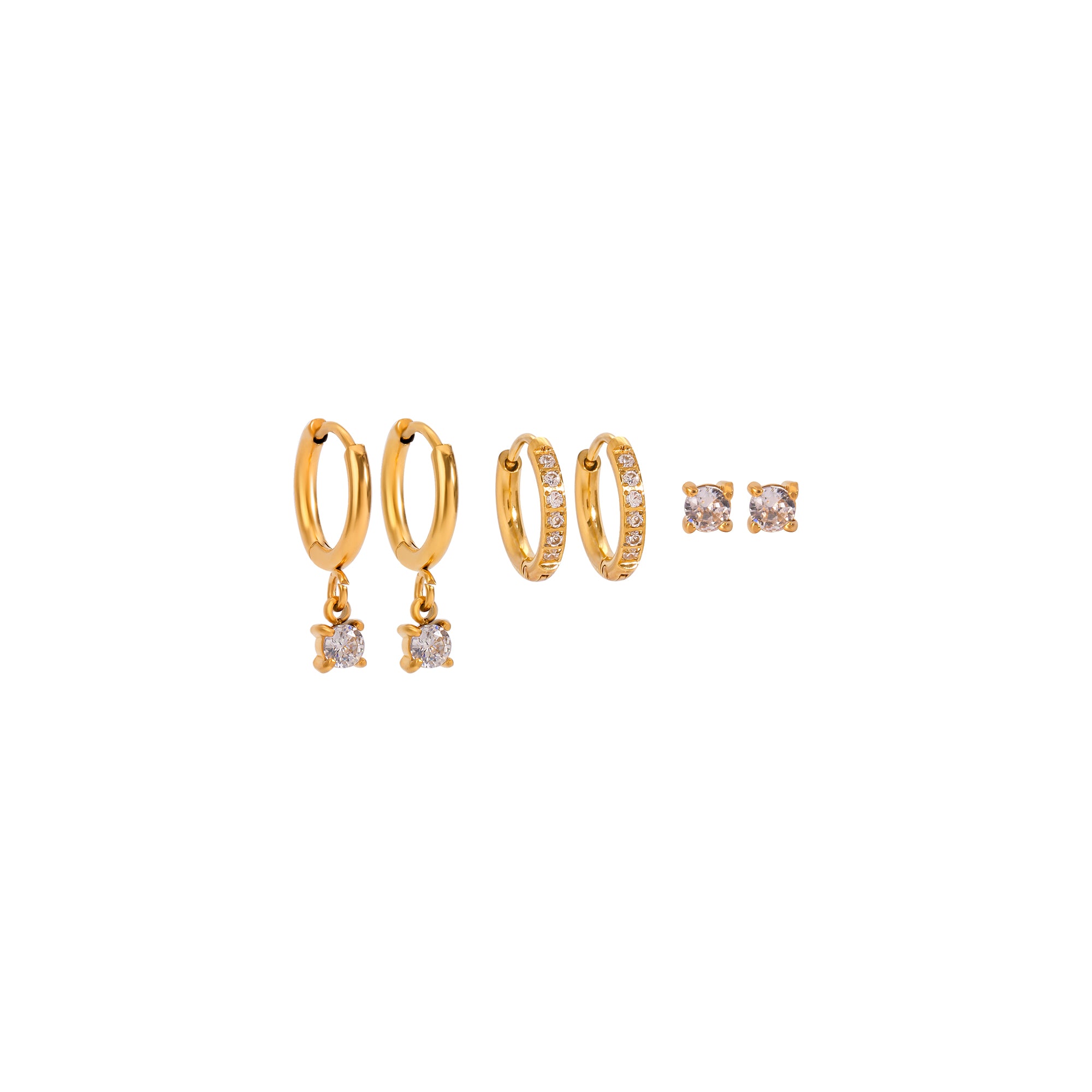 18k Gold Stainless Steel Zircon Hoop Earrings Set Three Pairs Classic Style