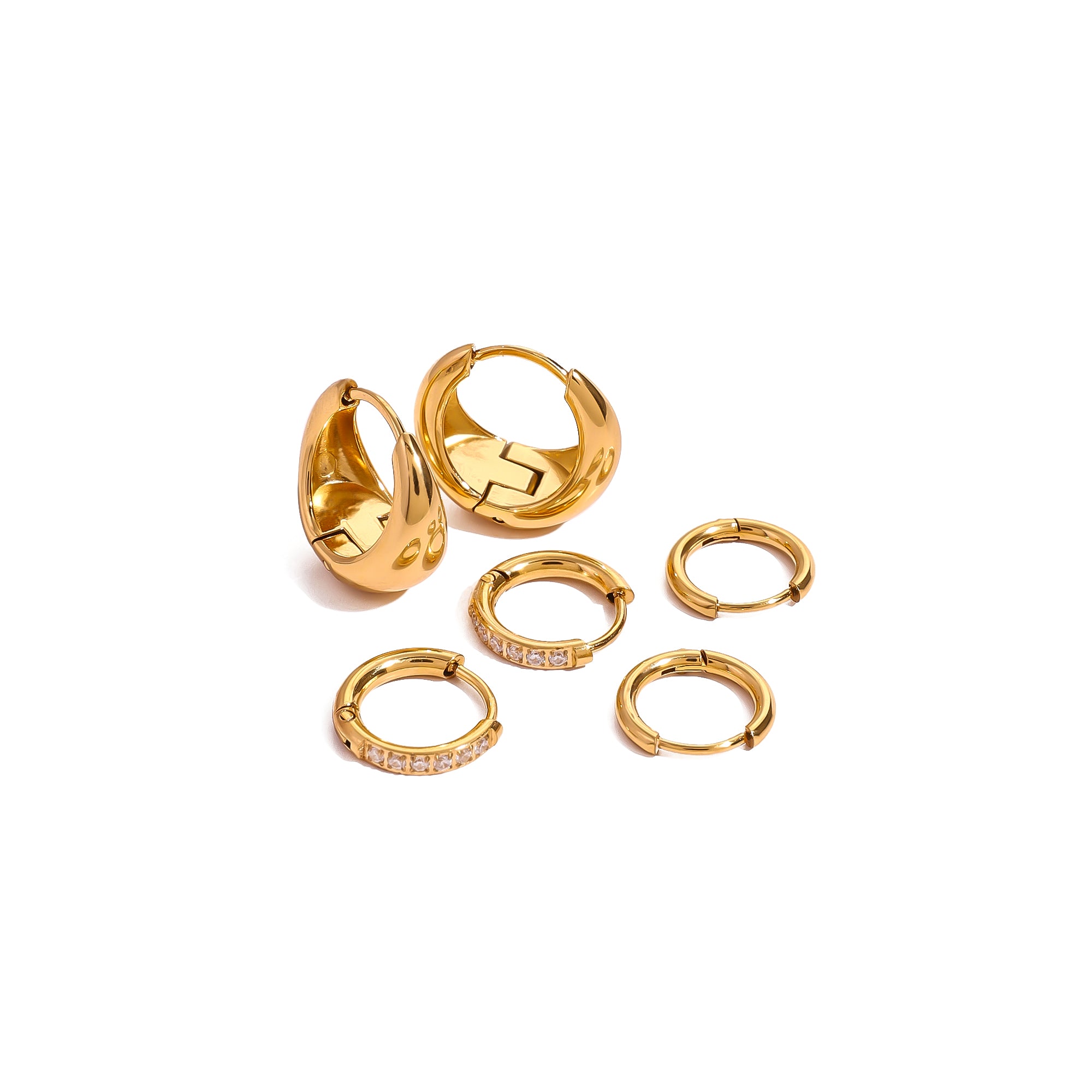 18k Gold Stainless Steel White Water Drill Solid Circle Ear Clips Set of 3