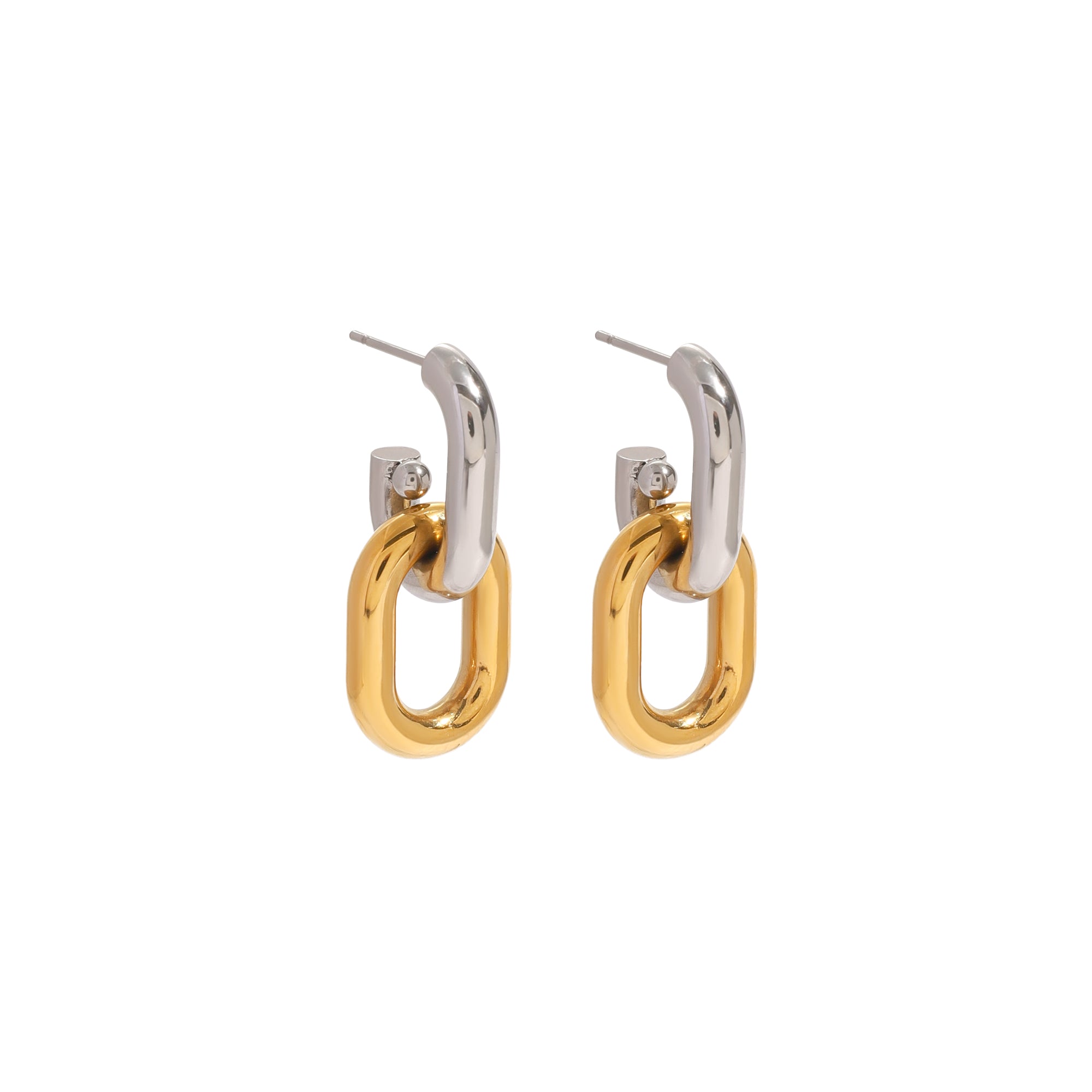 18k Gold Silver Stainless Steel Retro Knocker Earrings Contemporary Vintage Style Two Tone Chain Hoop with Geometric Pattern