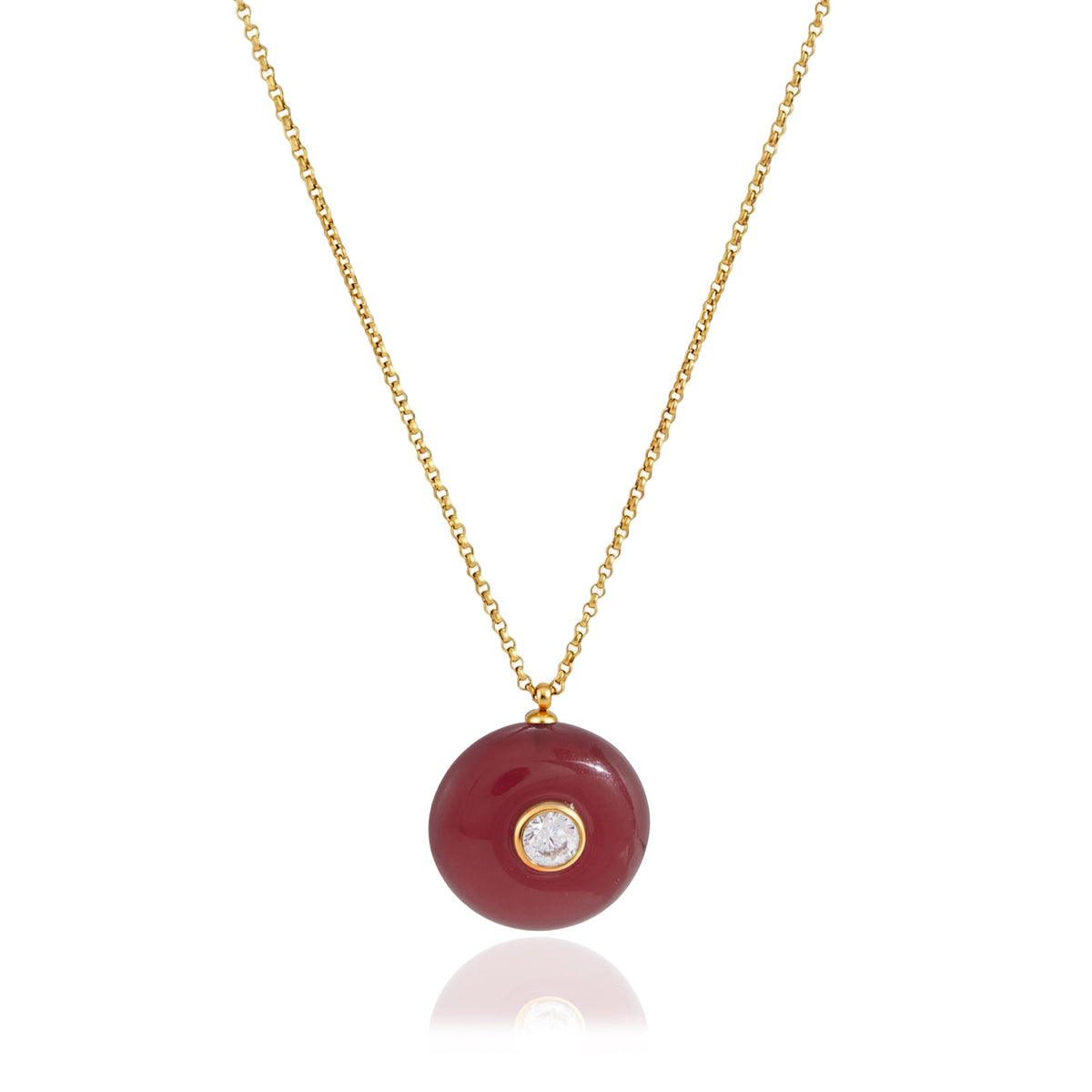 18K gold stainless steel + resin + zirconium / Round red resin with round white zirconium pendant