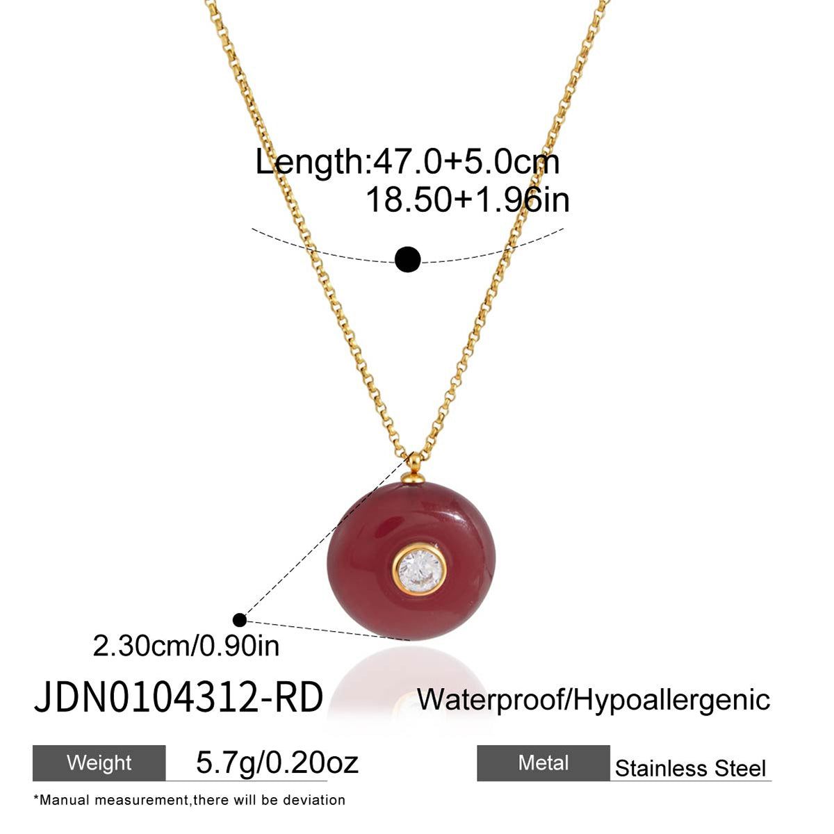 18K gold stainless steel + resin + zirconium / Round red resin with round white zirconium pendant