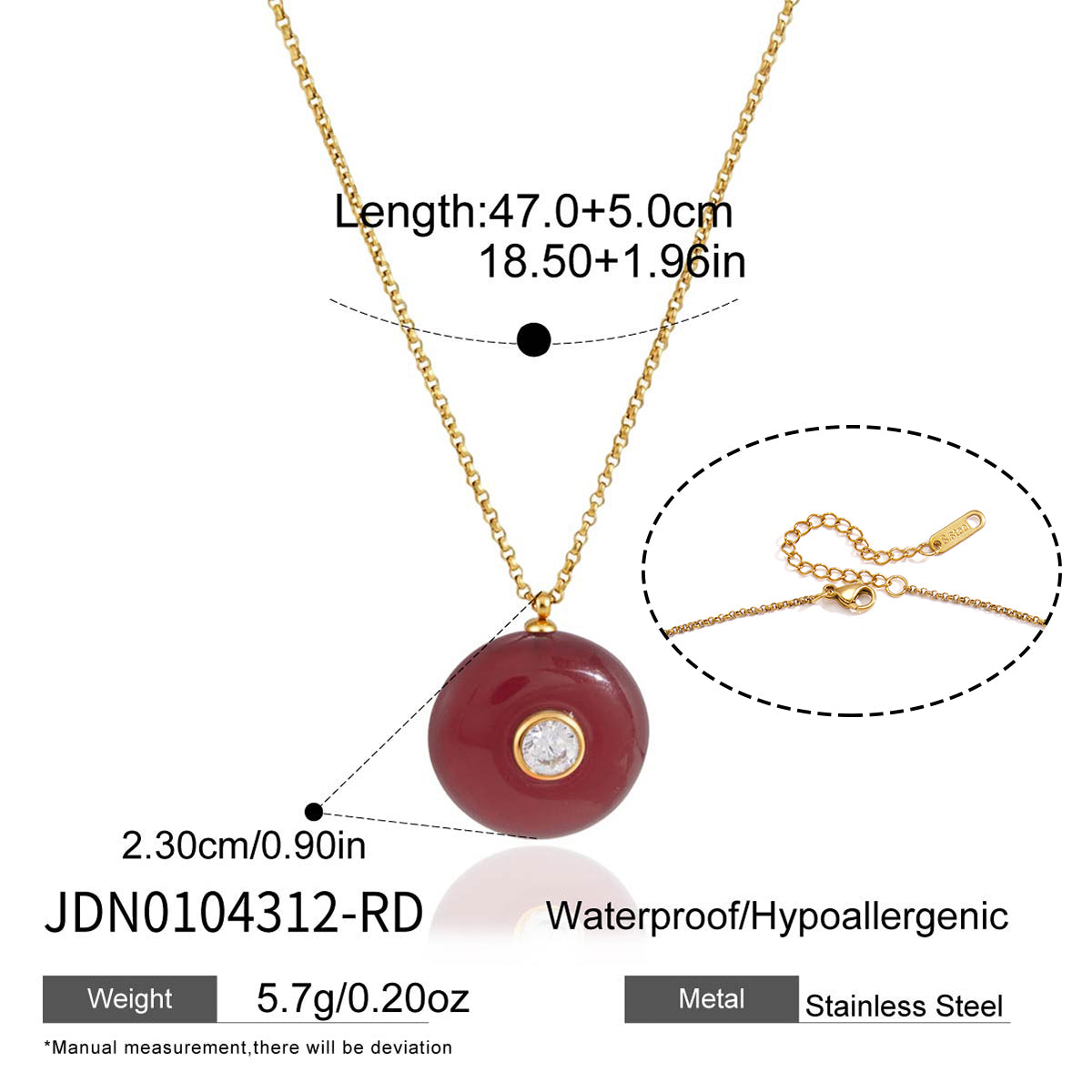 18K gold stainless steel + resin + zirconium / Round red resin with round white zirconium pendant