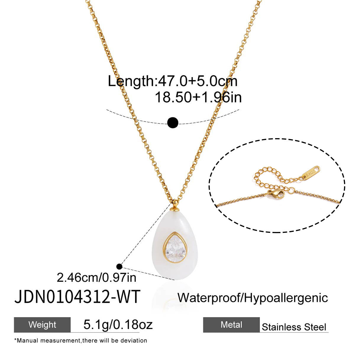 18K gold stainless steel + resin + zirconium / Round red resin with round white zirconium pendant