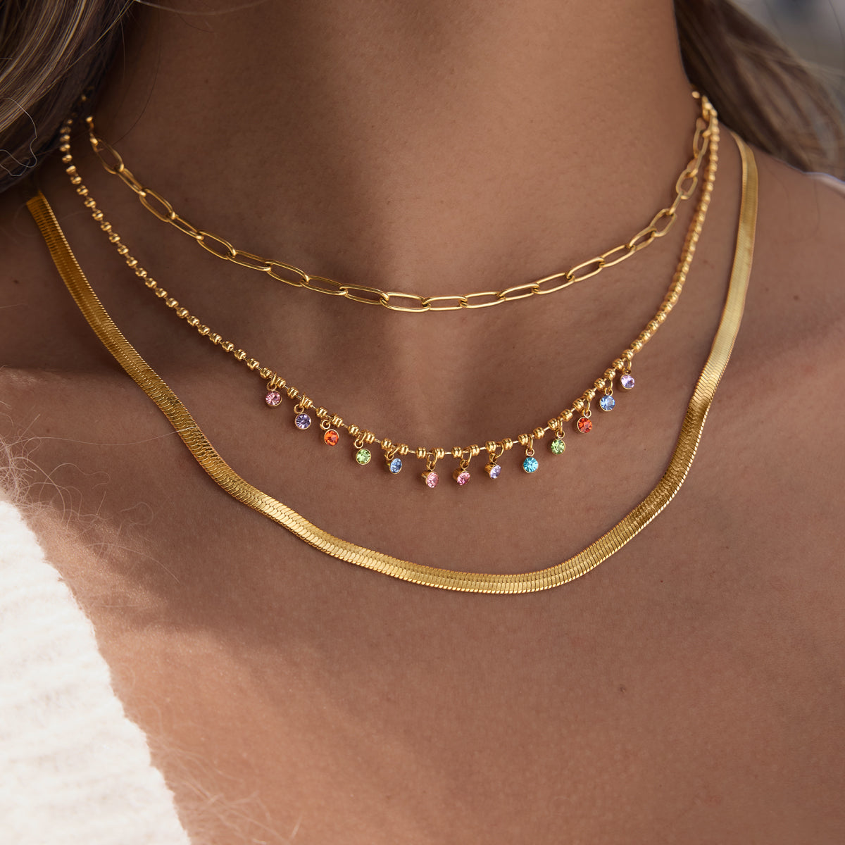 Lady Style - Classic Style / 18K gold stainless steel + zirconium / Round white zirconium pendant necklace