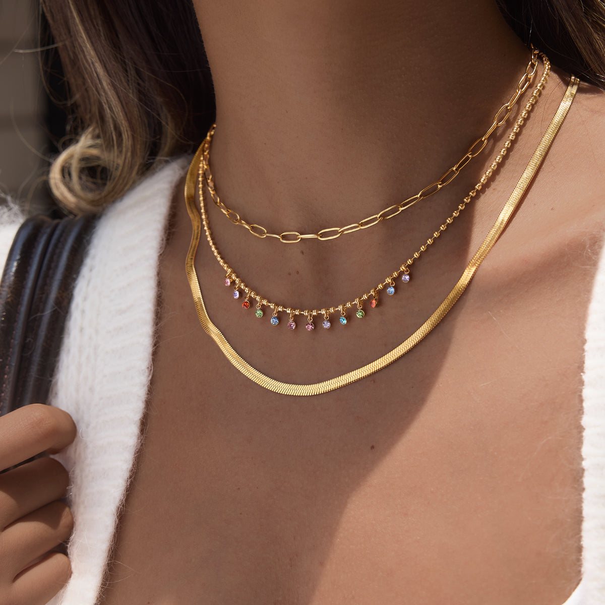 Lady Style - Classic Style / 18K gold stainless steel + zirconium / Round white zirconium pendant necklace