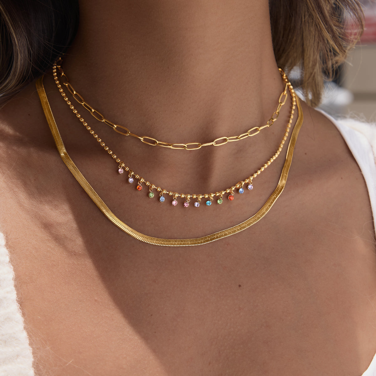 Lady Style - Classic Style / 18K gold stainless steel + zirconium / Round white zirconium pendant necklace