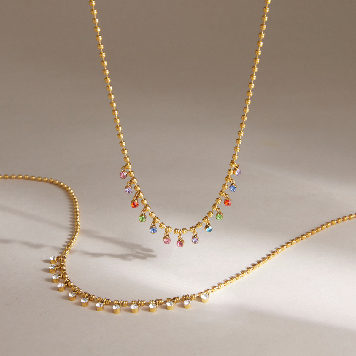 Lady Style - Classic Style / 18K gold stainless steel + zirconium / Round white zirconium pendant necklace