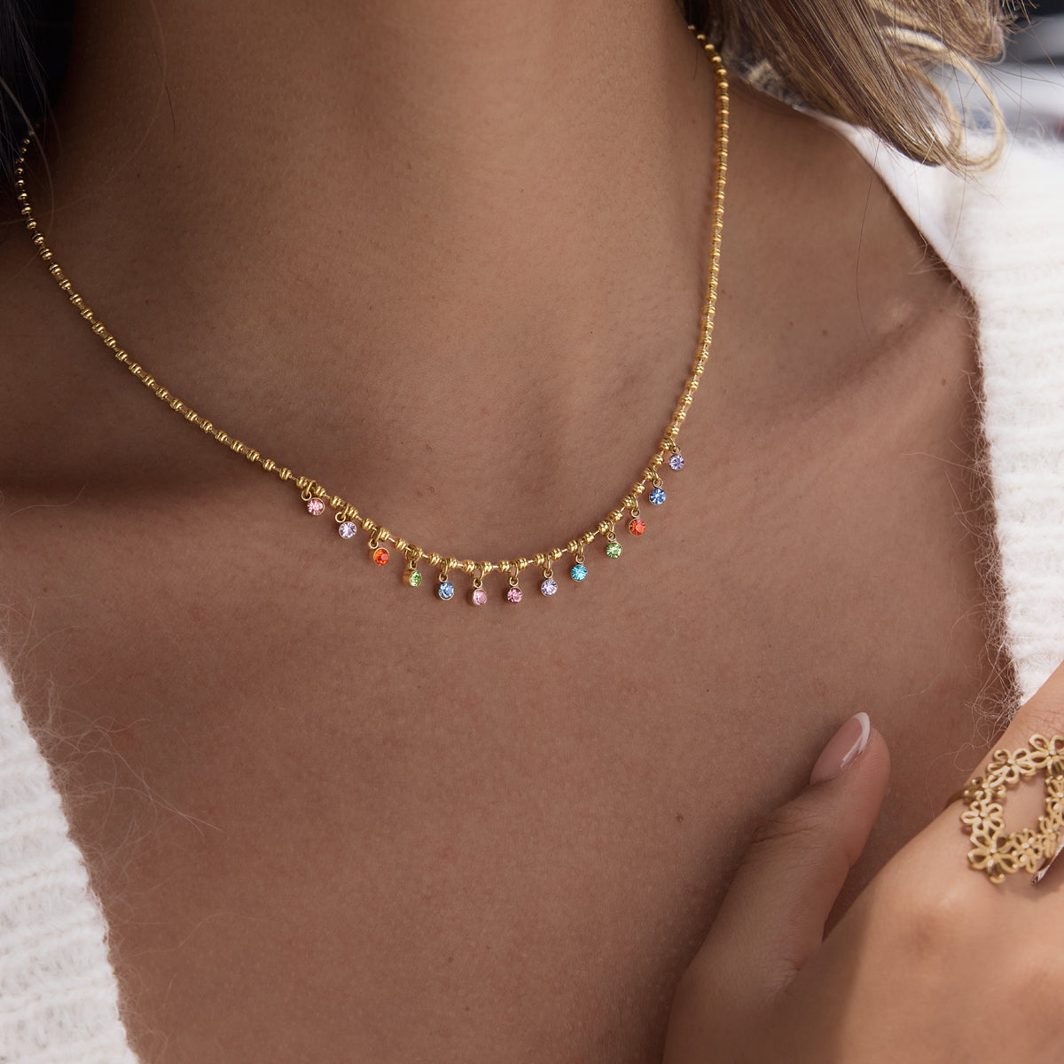 Lady Style - Classic Style / 18K gold stainless steel + zirconium / Round white zirconium pendant necklace