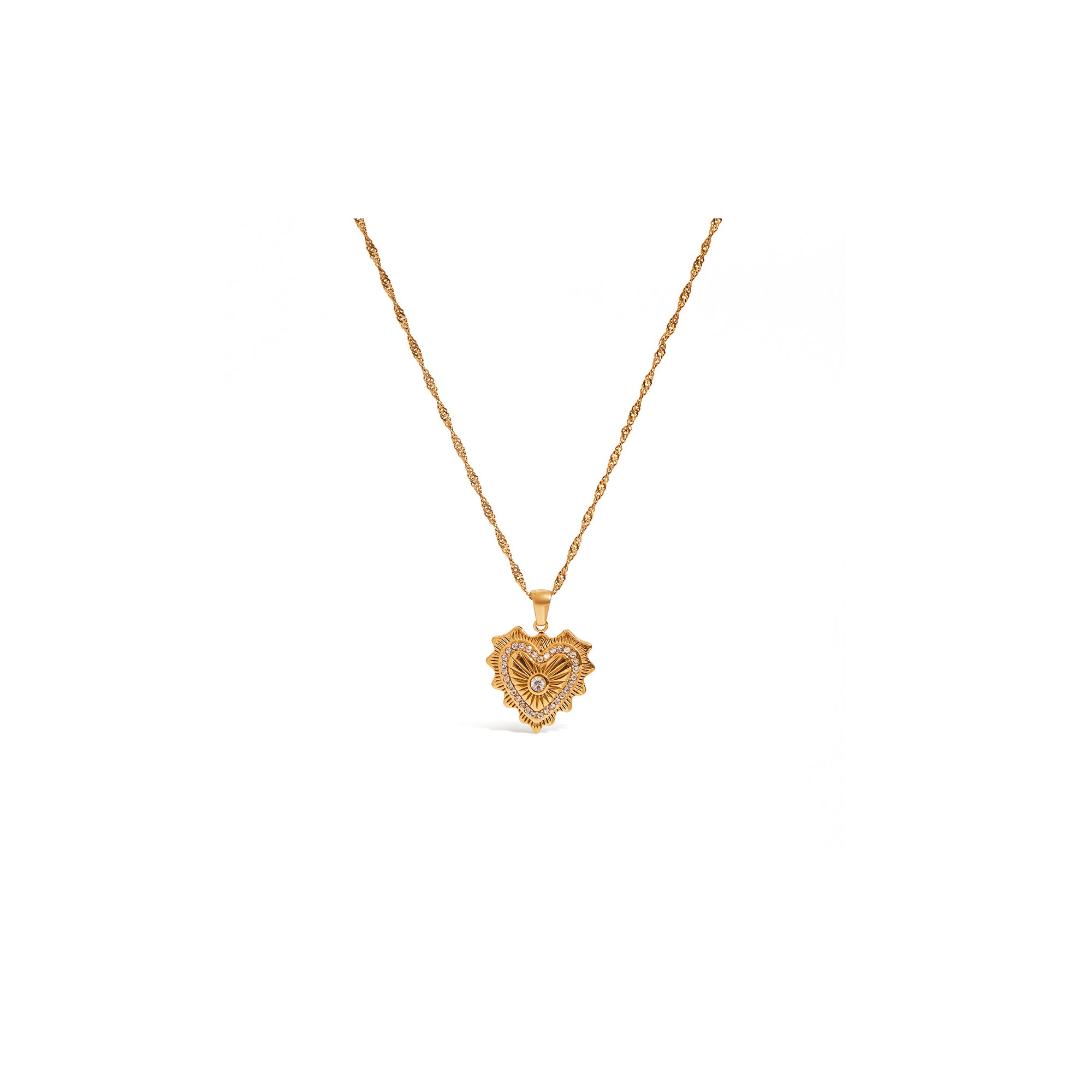 Women 18K Gold Plated Stainless Steel Textured Square Pendant Necklace Ribbed Heart Accent Zircon Trendy Necklace Jewelry