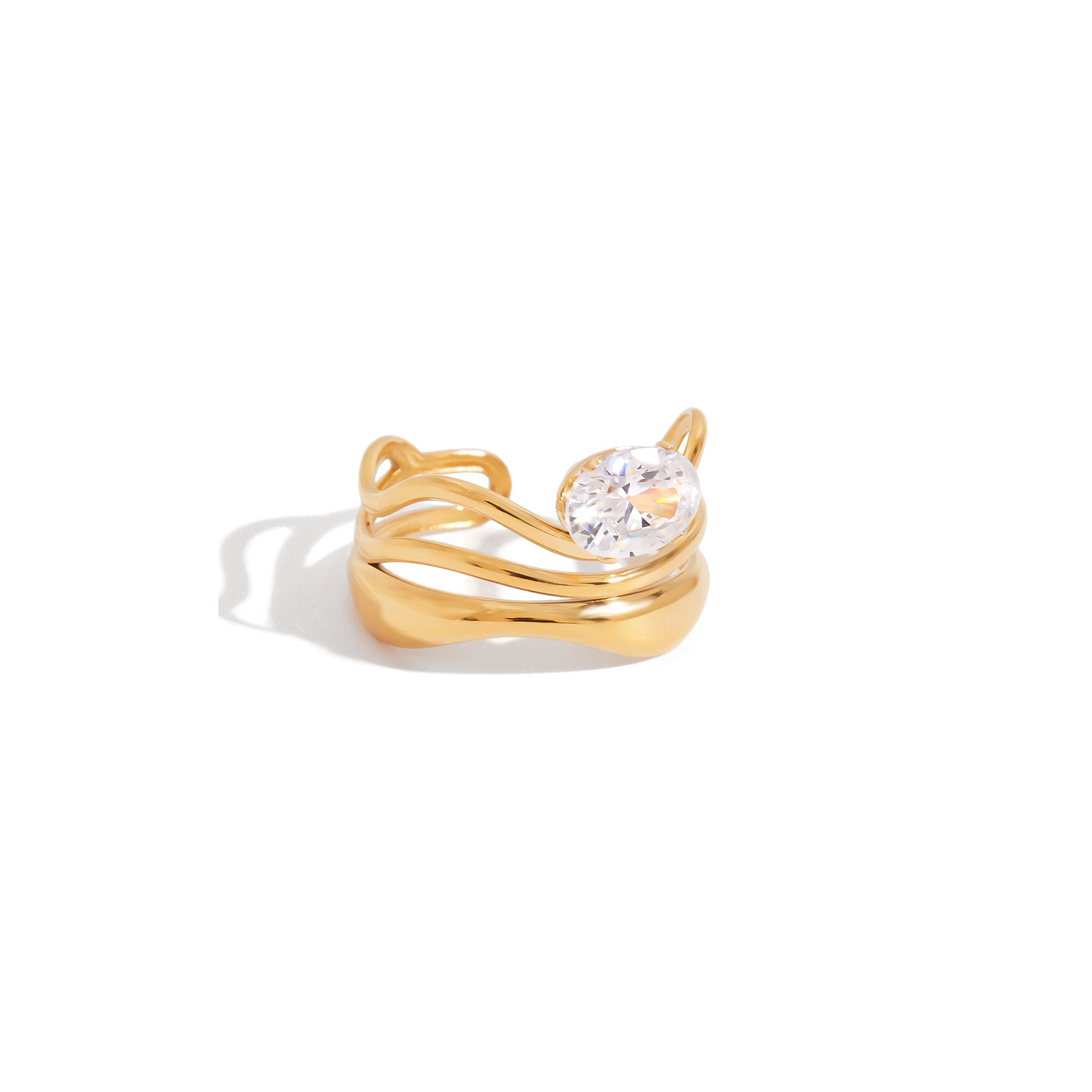 18K Gold Plate Stainless Steel Rings Modern Minimalist Lines Double-layer Hollow Geometric Large Zircon Open Solitaire Ring