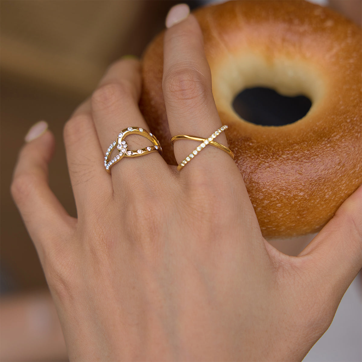 Lady Style - Classic Style / 18K Gold Stainless Steel + Gemstones / With White Gemstone Woven Linear Double Ring Asymmetric Hollowed-out Ring