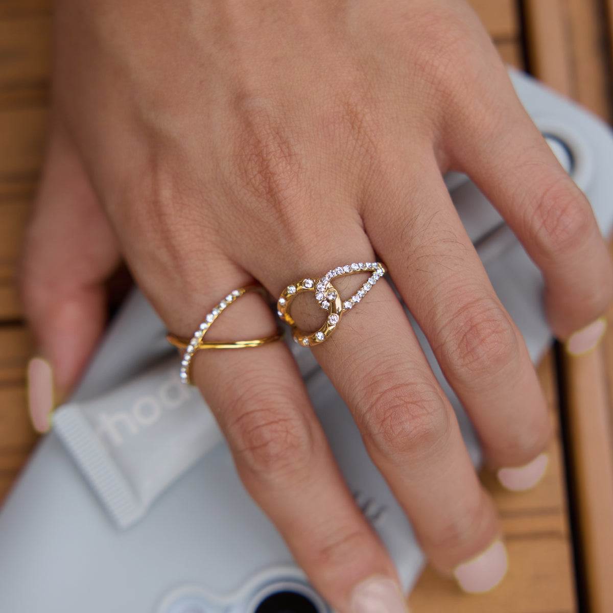 Lady Style - Classic Style / 18K Gold Stainless Steel + Gemstones / With White Gemstone Woven Linear Double Ring Asymmetric Hollowed-out Ring