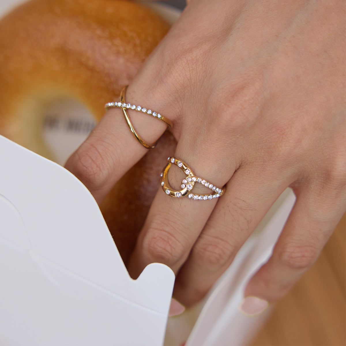 Lady Style - Classic Style / 18K Gold Stainless Steel + Gemstones / With White Gemstone Woven Linear Double Ring Asymmetric Hollowed-out Ring
