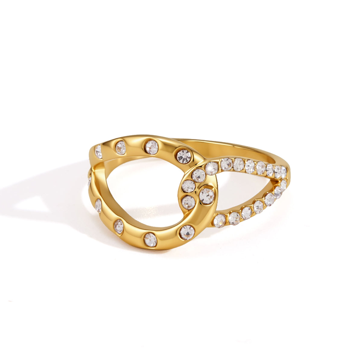 Lady Style - Classic Style / 18K Gold Stainless Steel + Gemstones / With White Gemstone Woven Linear Double Ring Asymmetric Hollowed-out Ring