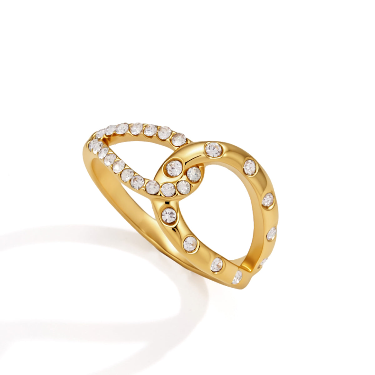 Lady Style - Classic Style / 18K Gold Stainless Steel + Gemstones / With White Gemstone Woven Linear Double Ring Asymmetric Hollowed-out Ring