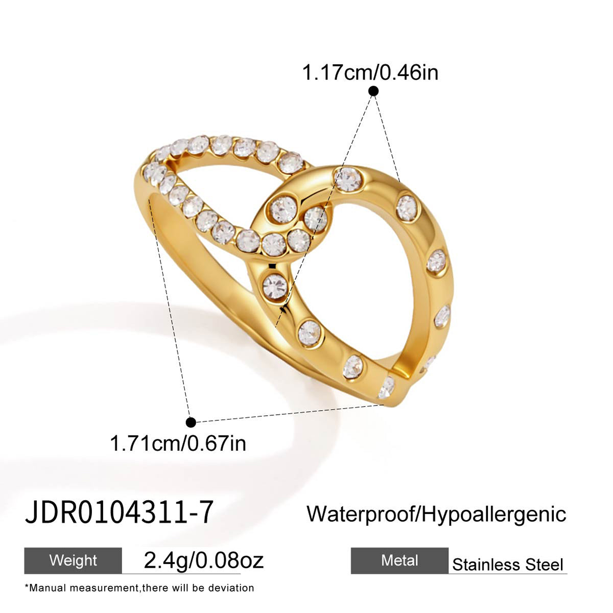 Lady Style - Classic Style / 18K Gold Stainless Steel + Gemstones / With White Gemstone Woven Linear Double Ring Asymmetric Hollowed-out Ring