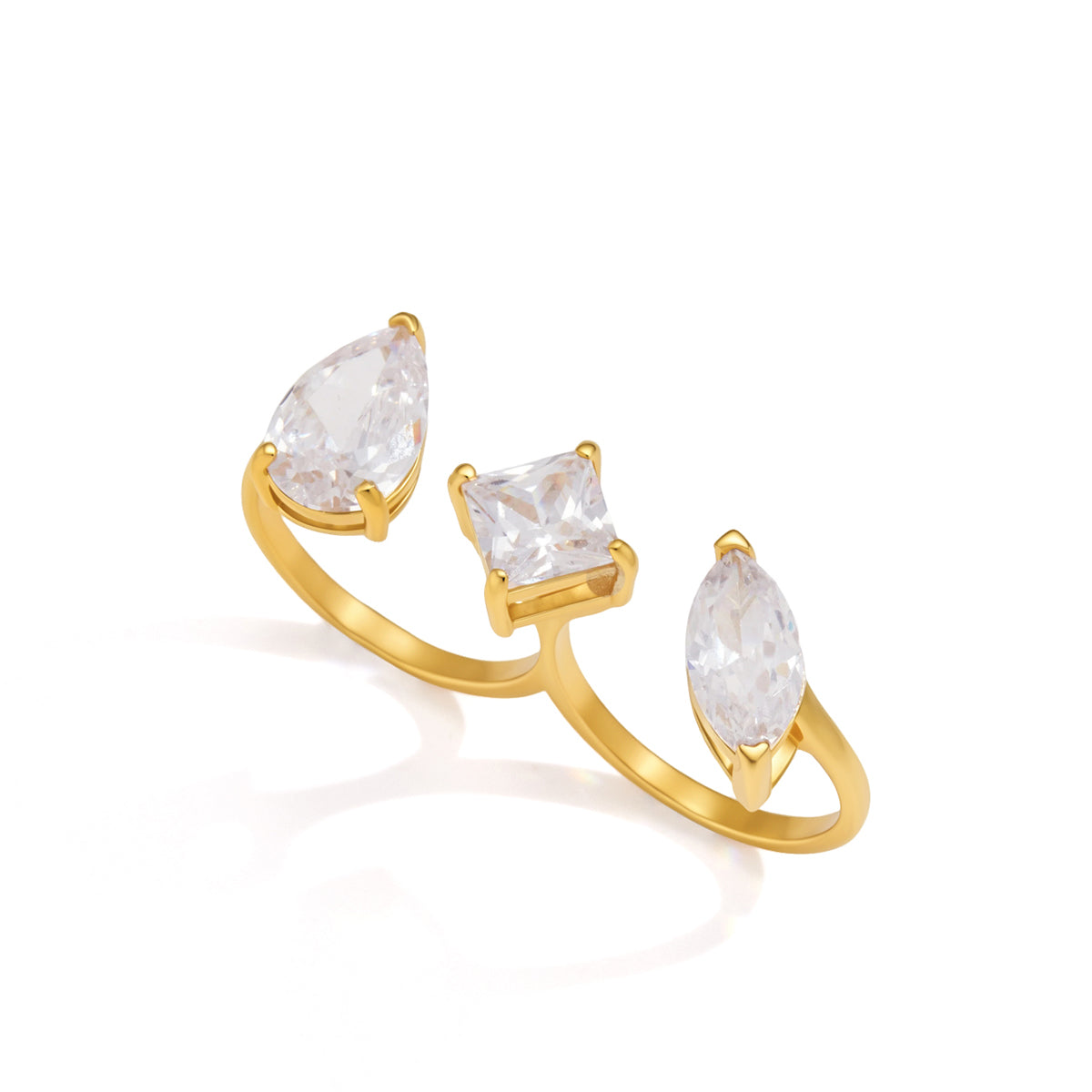 Women's Classic Style / 18K Gold Stainless Steel + Cubic Zirconia / Geometric White Cubic Zirconia Double Finger Linked Open Ring