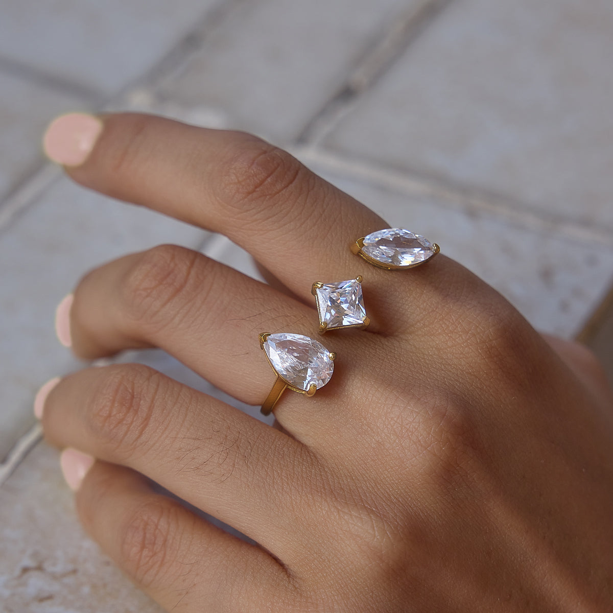 Women's Classic Style / 18K Gold Stainless Steel + Cubic Zirconia / Geometric White Cubic Zirconia Double Finger Linked Open Ring