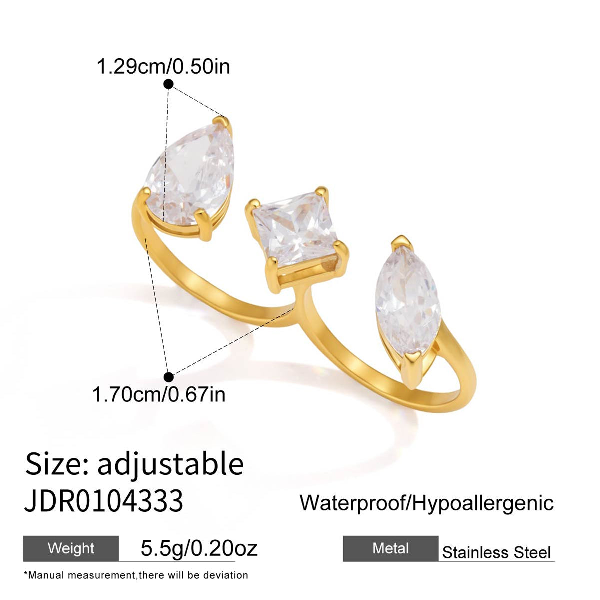 Women's Classic Style / 18K Gold Stainless Steel + Cubic Zirconia / Geometric White Cubic Zirconia Double Finger Linked Open Ring