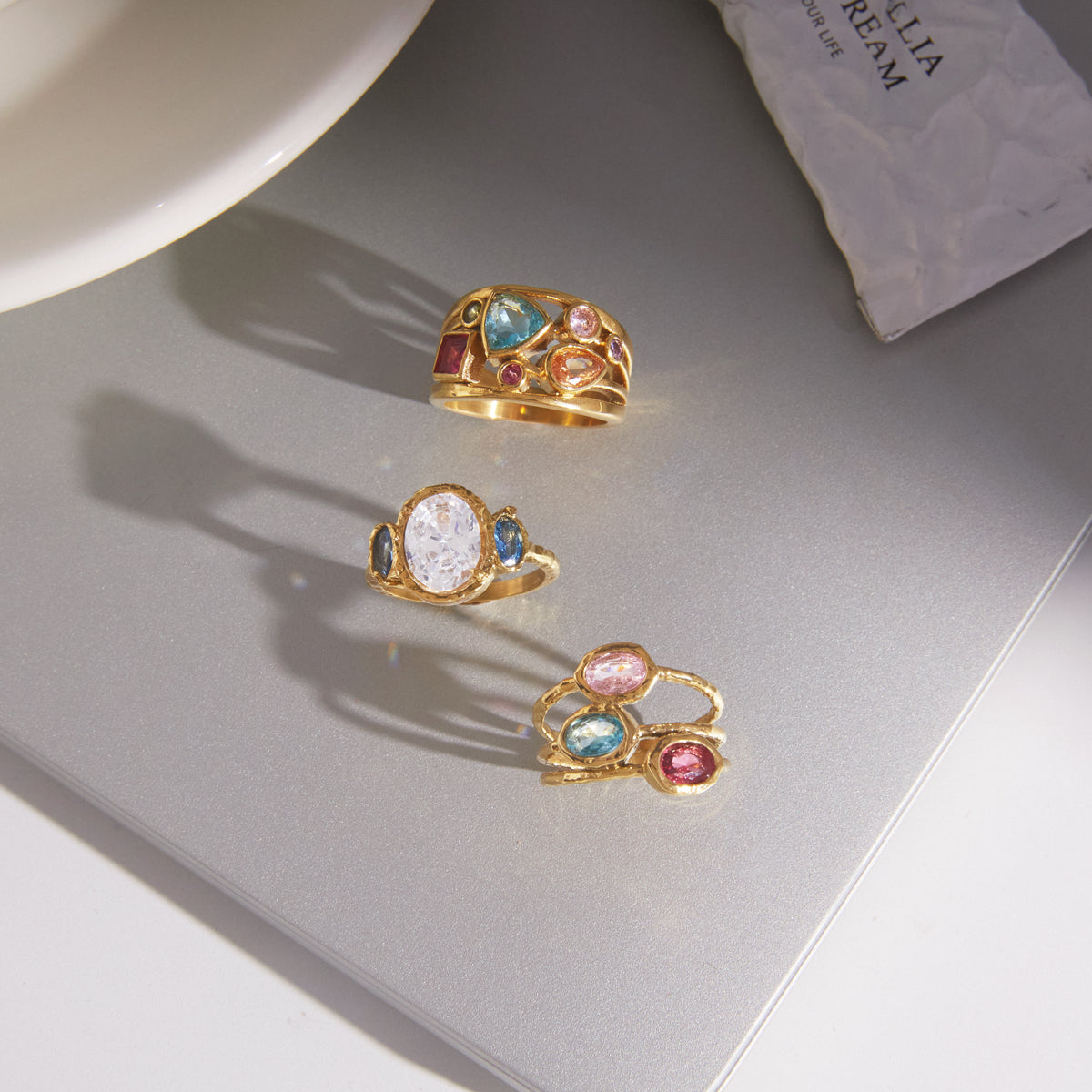 Lady Style - Classic Style / 18K Gold Stainless Steel + Zirconium /Colorful Geometric Irregular Irregular Shape Zirconium Multi-Layer Hollowed-out Ring No. 7