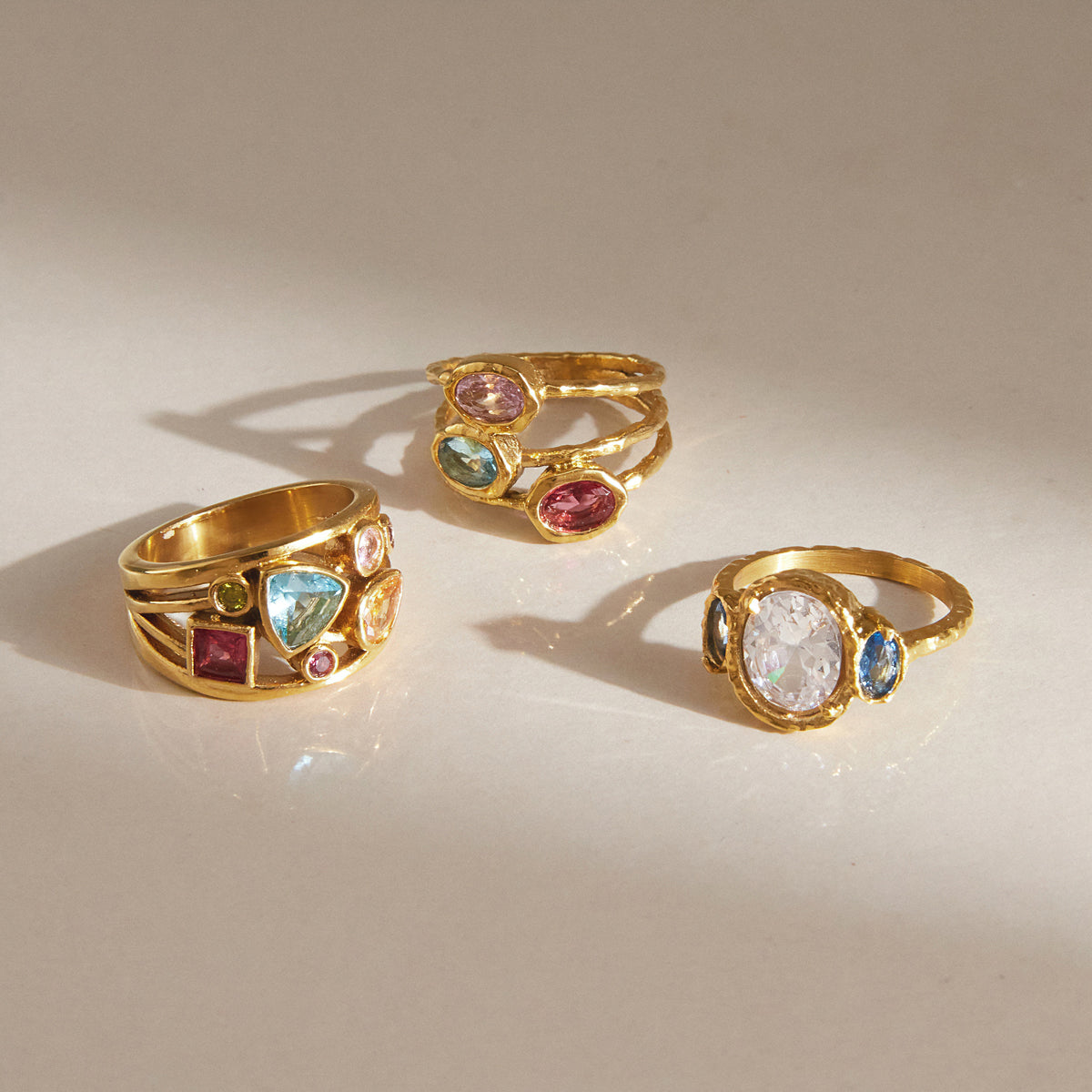 Lady Style - Classic Style / 18K Gold Stainless Steel + Zirconium /Colorful Geometric Irregular Irregular Shape Zirconium Multi-Layer Hollowed-out Ring No. 7