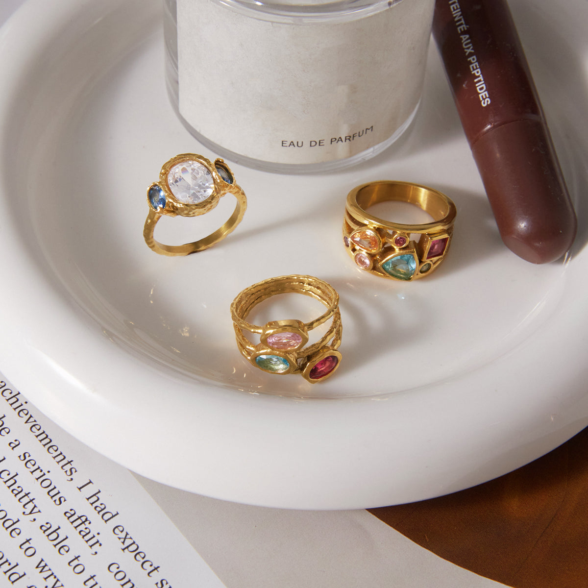 Lady Style - Classic Style / 18K Gold Stainless Steel + Zirconium /Colorful Geometric Irregular Irregular Shape Zirconium Multi-Layer Hollowed-out Ring No. 7