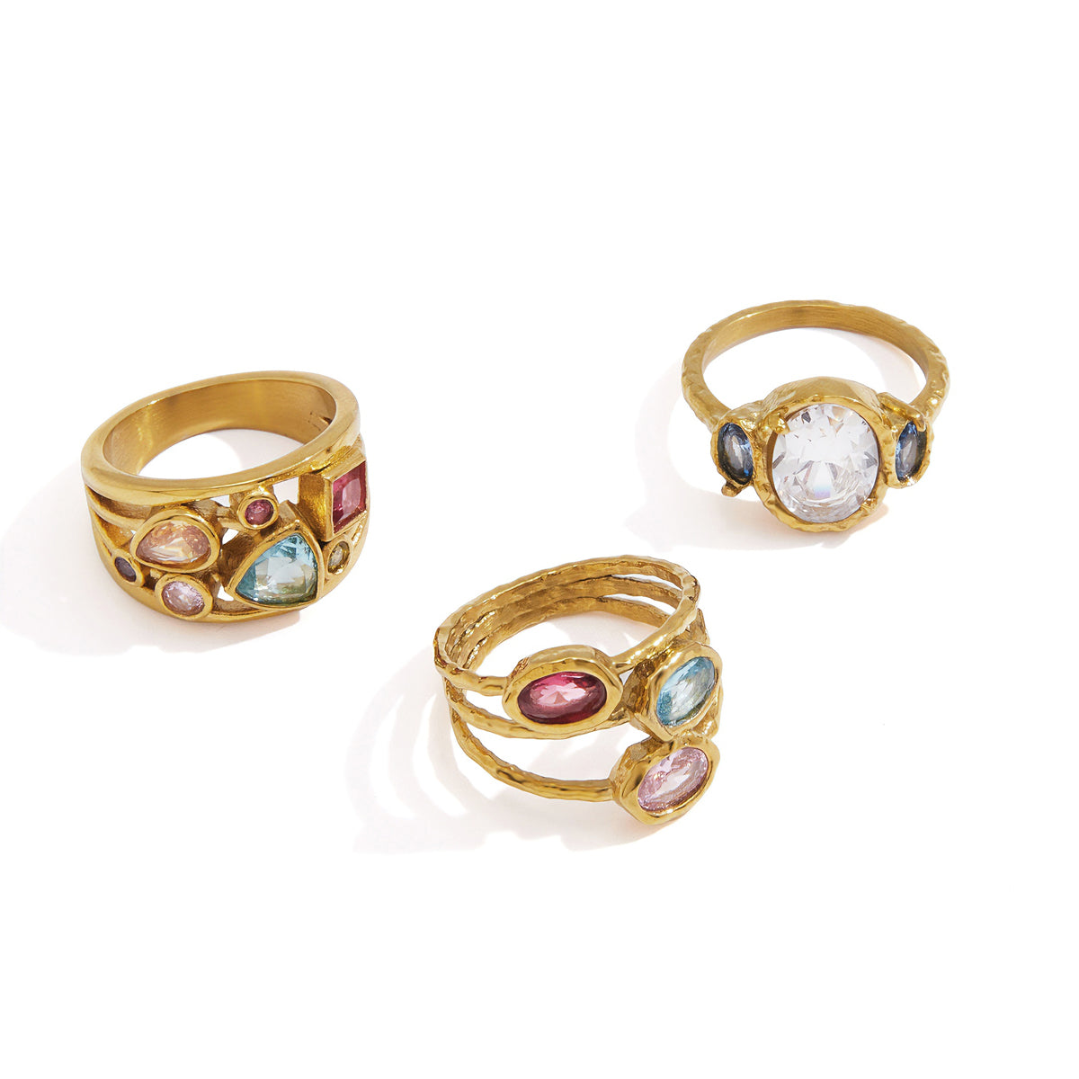 Lady Style - Classic Style / 18K Gold Stainless Steel + Zirconium /Colorful Geometric Irregular Irregular Shape Zirconium Multi-Layer Hollowed-out Ring No. 7