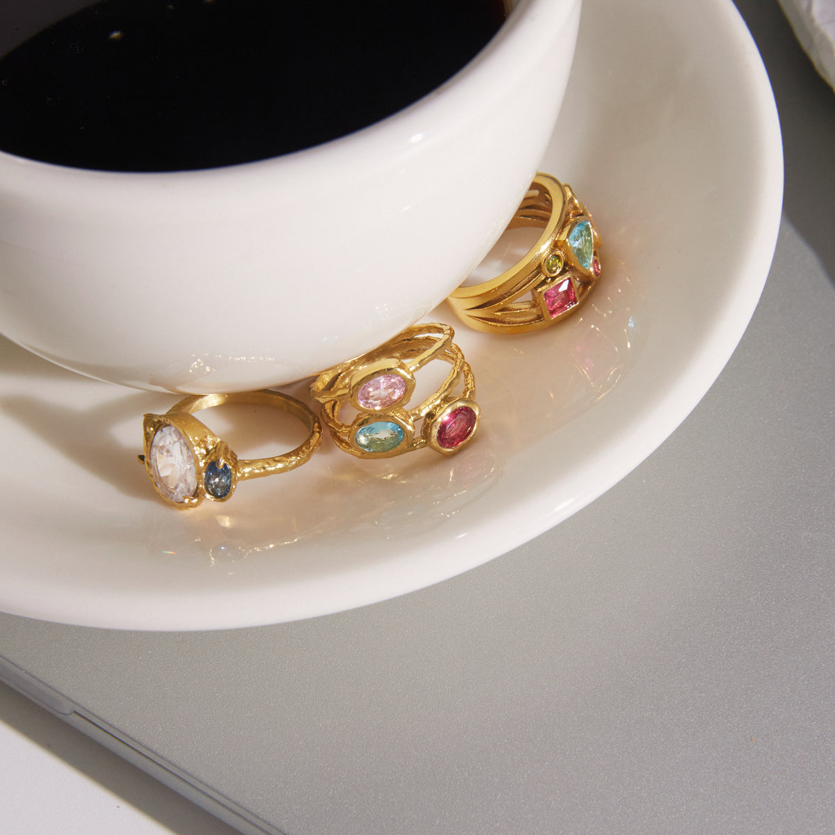 Lady Style - Classic Style / 18K Gold Stainless Steel + Zirconium /Colorful Geometric Irregular Irregular Shape Zirconium Multi-Layer Hollowed-out Ring No. 7