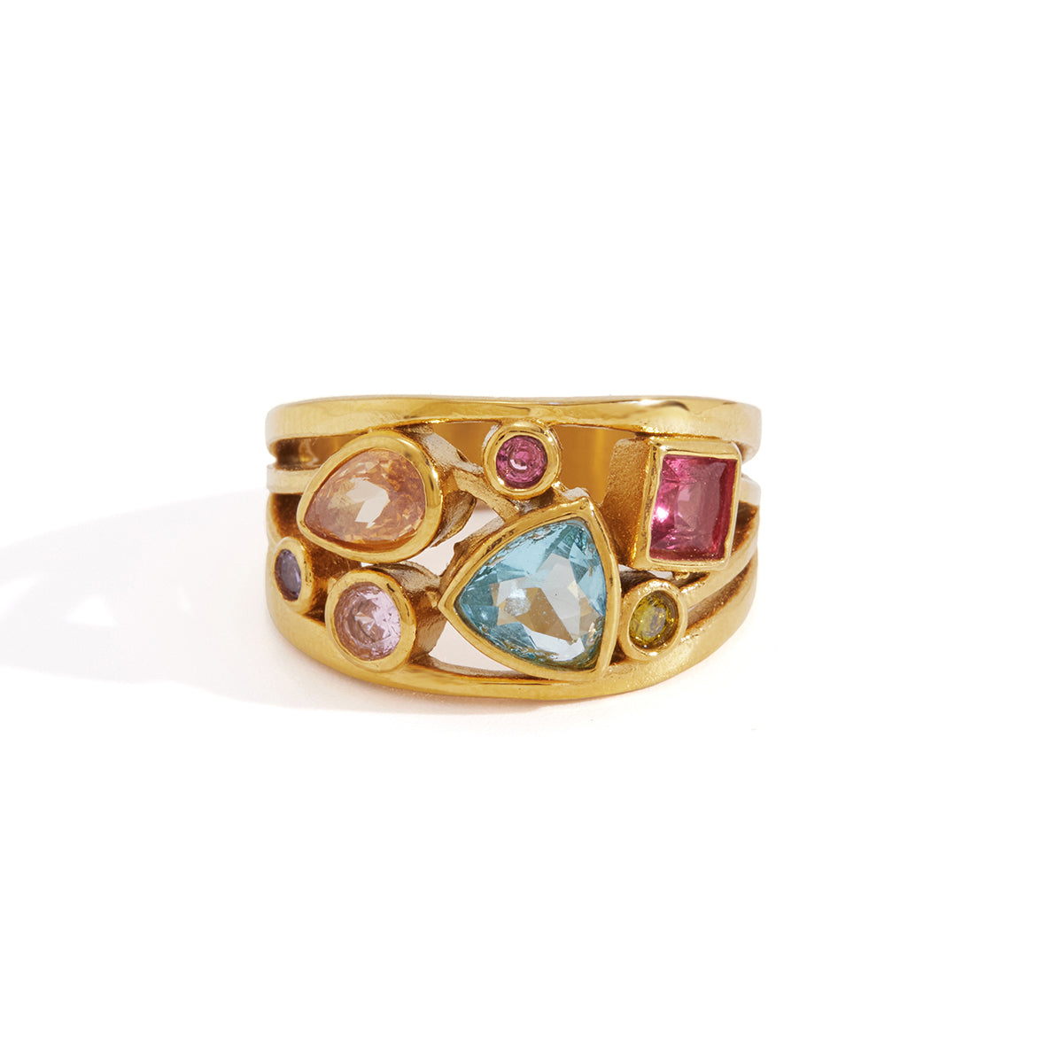 Lady Style - Classic Style / 18K Gold Stainless Steel + Zirconium /Colorful Geometric Irregular Irregular Shape Zirconium Multi-Layer Hollowed-out Ring No. 7