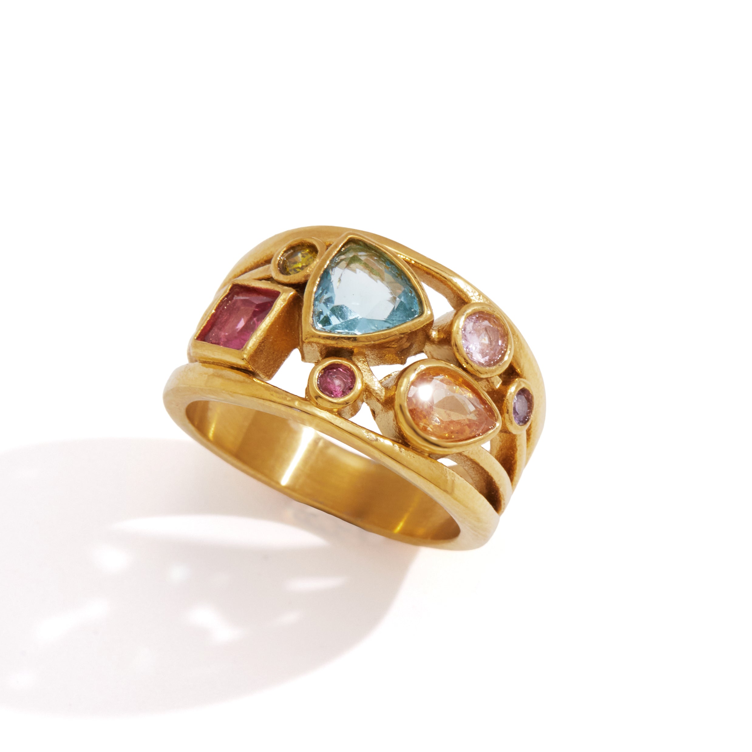 Lady Style - Classic Style / 18K Gold Stainless Steel + Zirconium /Colorful Geometric Irregular Irregular Shape Zirconium Multi-Layer Hollowed-out Ring No. 7