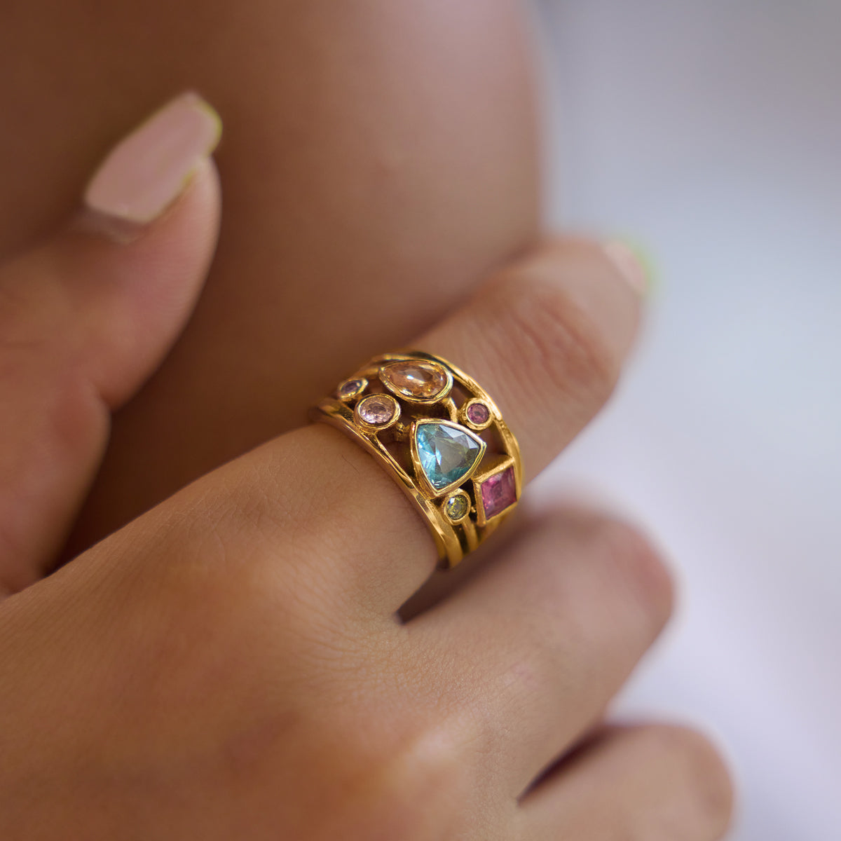 Lady Style - Classic Style / 18K Gold Stainless Steel + Zirconium /Colorful Geometric Irregular Irregular Shape Zirconium Multi-Layer Hollowed-out Ring No. 7