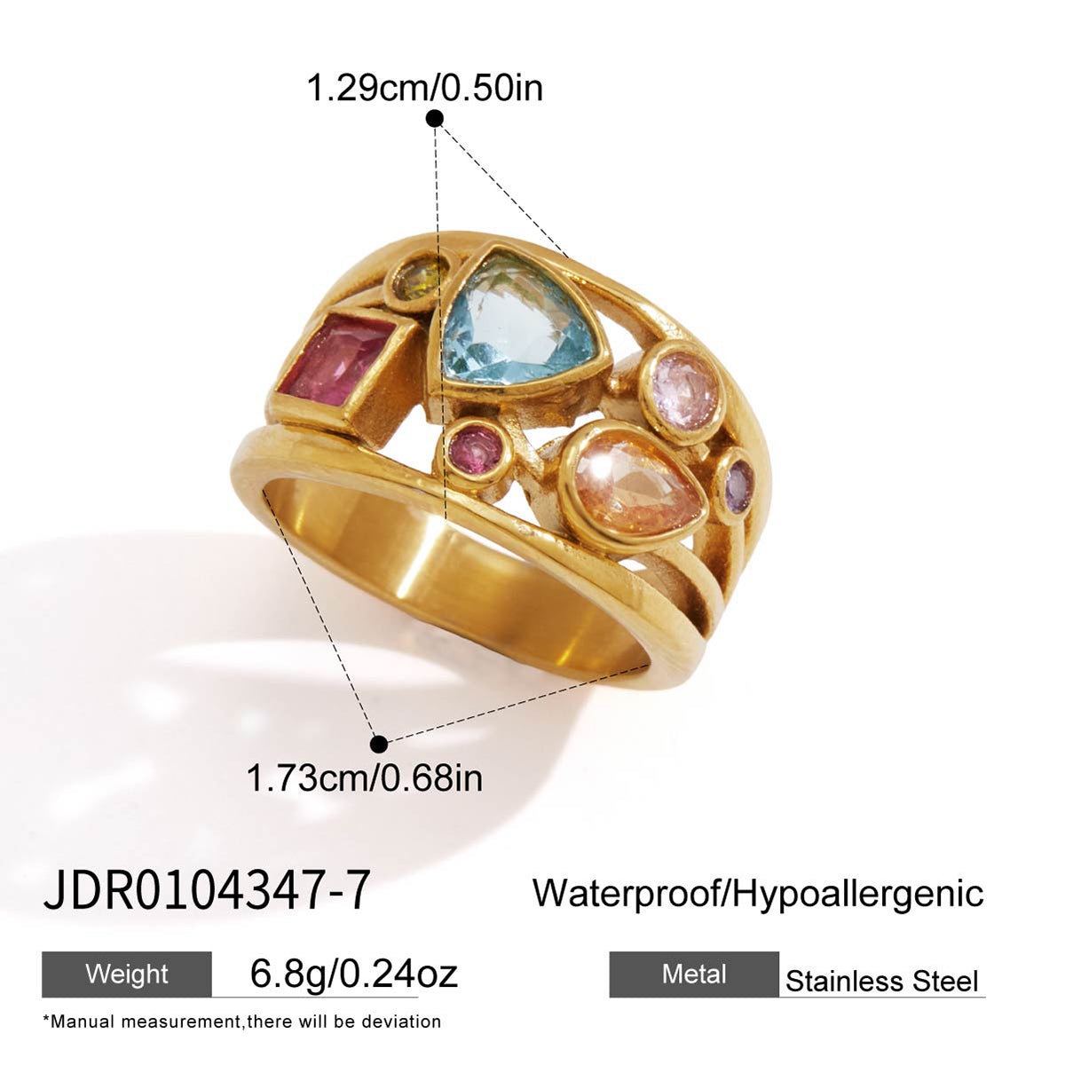 Lady Style - Classic Style / 18K Gold Stainless Steel + Zirconium /Colorful Geometric Irregular Irregular Shape Zirconium Multi-Layer Hollowed-out Ring No. 7
