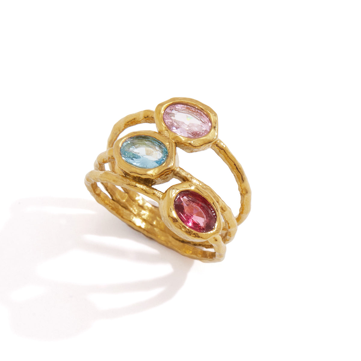 Lady Style - Classic Style / 18K Gold Stainless Steel + Zirconium /Colorful Geometric Irregular Irregular Shape Zirconium Multi-Layer Hollowed-out Ring No. 7