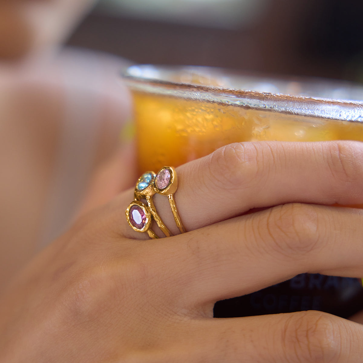 Lady Style - Classic Style / 18K Gold Stainless Steel + Zirconium /Colorful Geometric Irregular Irregular Shape Zirconium Multi-Layer Hollowed-out Ring No. 7